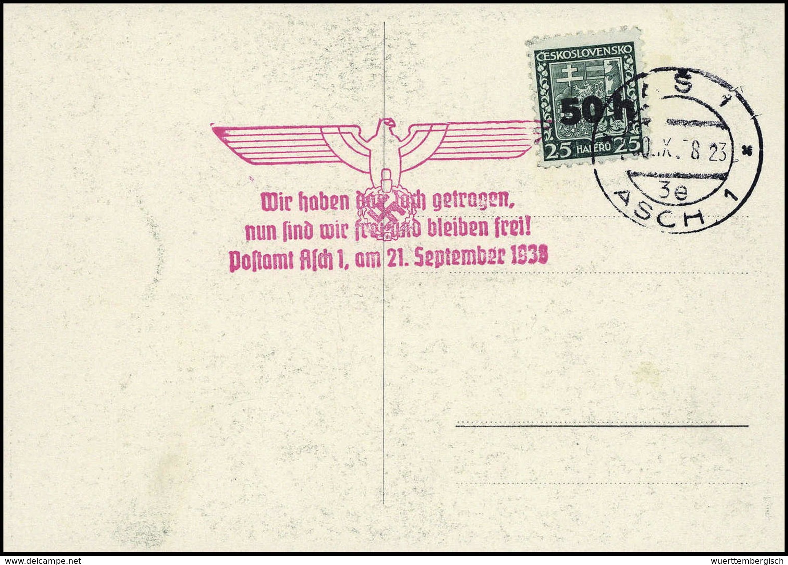 50 H., Einzelfrankatur Mit Stempel ASCH 1. 30/10 38 Nebst Rotem Propagandastempel Auf Entspr. Bildpostkarte.<br/><b>Kata - Autres & Non Classés