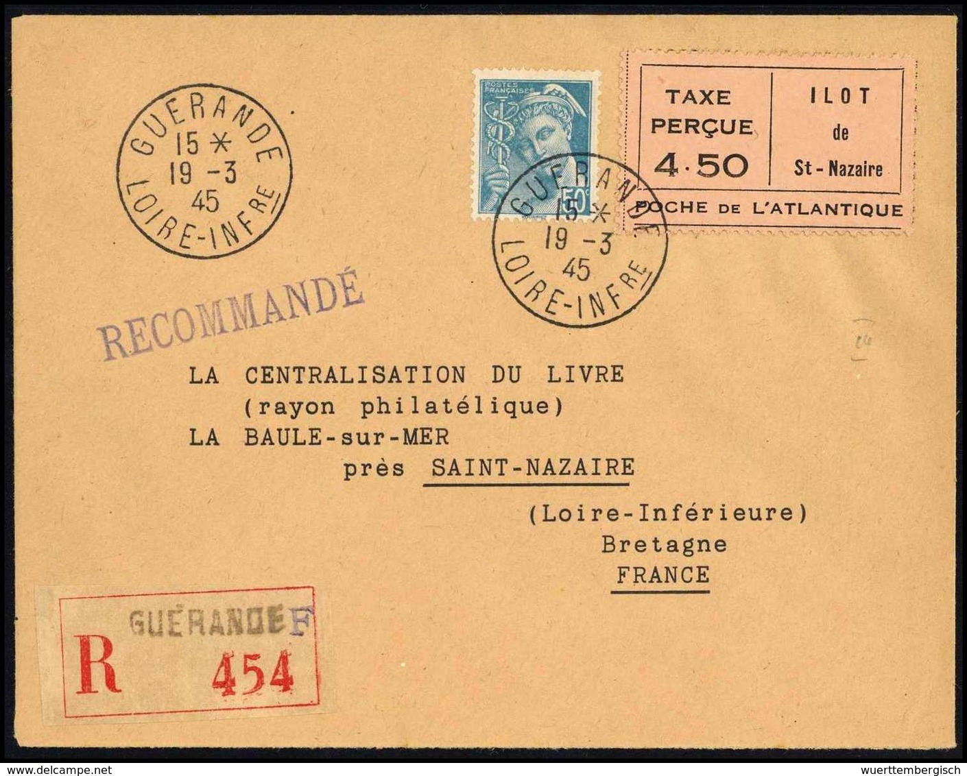 Beleg 4,50 F. Mit Frankreich 50 C. Auf Tadellosem R-Brief Mit Stempel GUERANDE 19/3 45.<br/><b>Katalogpreis: 300,-</b> ( - Autres & Non Classés