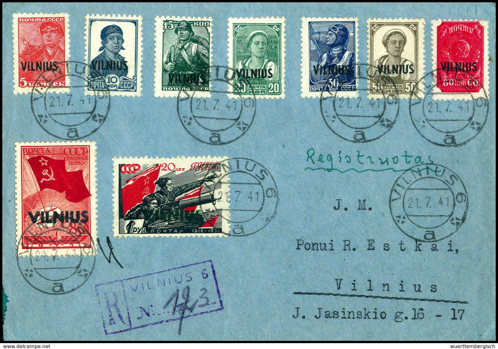 Beleg 5 K.-1 R., Die Kompl. Serie Auf Schönem Philatelistischem Einschreibebrief Mit Stempel VILNIUS 6 "a" 21/7 41. Schö - Altri & Non Classificati