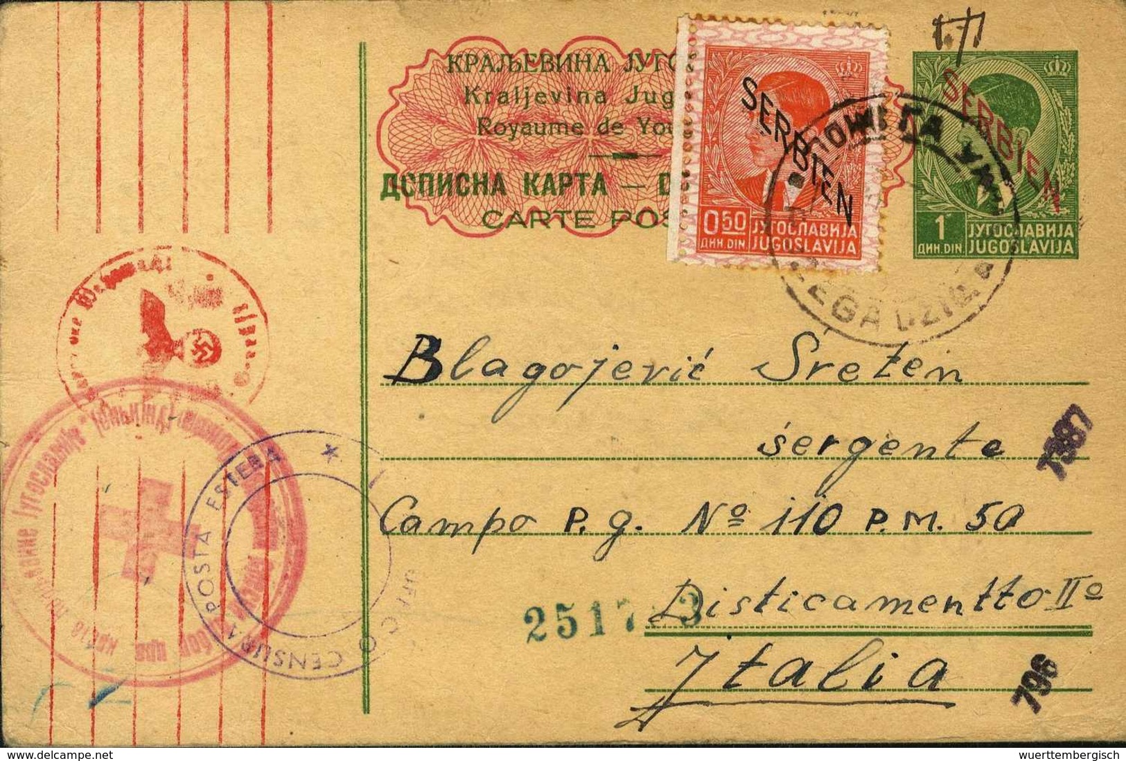 Beleg O,5o Din. Auf Postkarte 1 Din., Bedarfsmäßig Nach Italien, Zensiert Und Mit Nebenstempel Des Roten Kreuzes. (Miche - Autres & Non Classés