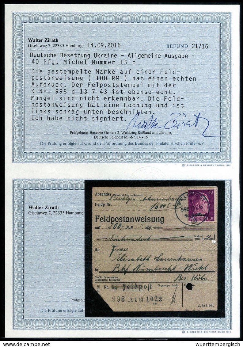 Beleg 40 Pfg., EF Auf Tadelloser Feldpost-Anweisung über 100 RM Nach Dtld., Sauber Aufges. Stempel FELDPOST 998 "d" 13/7 - Autres & Non Classés