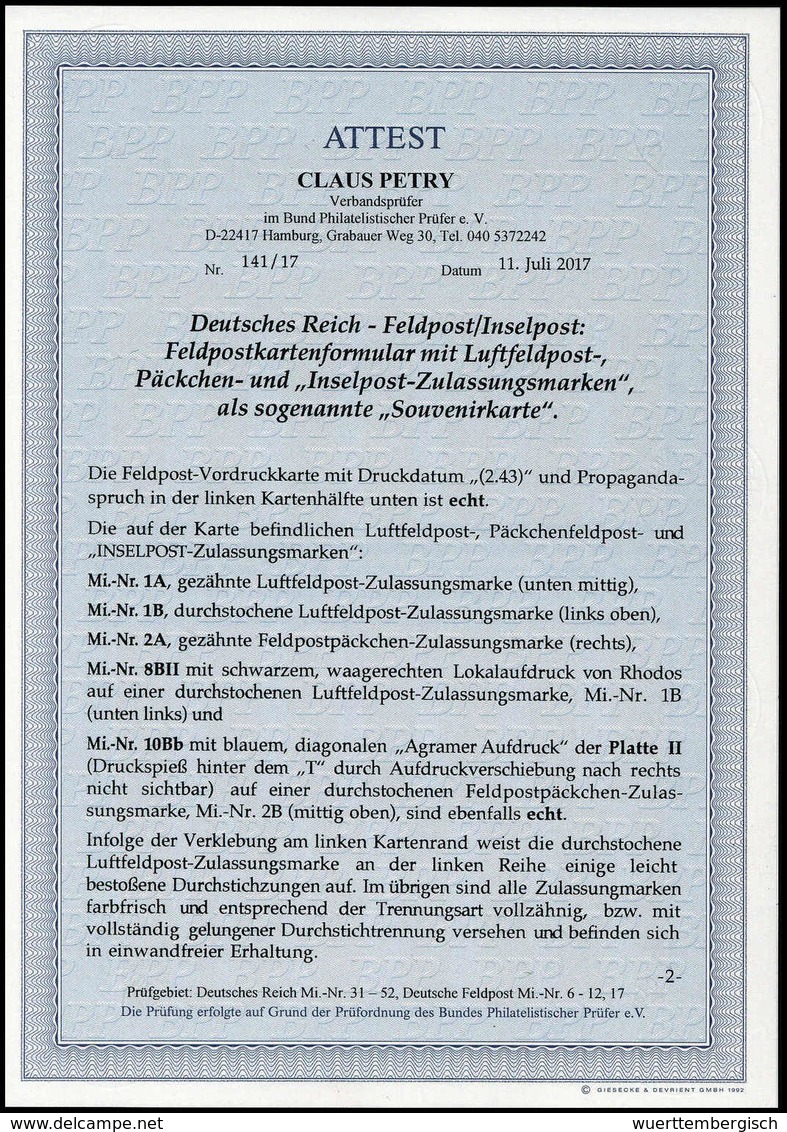 Beleg Fünf Amtliche Feldpostmarken Zusammen Mit Neudruck Der Rhodos-Weihnachtsmarke Auf Gef. Feldpostkarten-Vordruck Mit - Autres & Non Classés