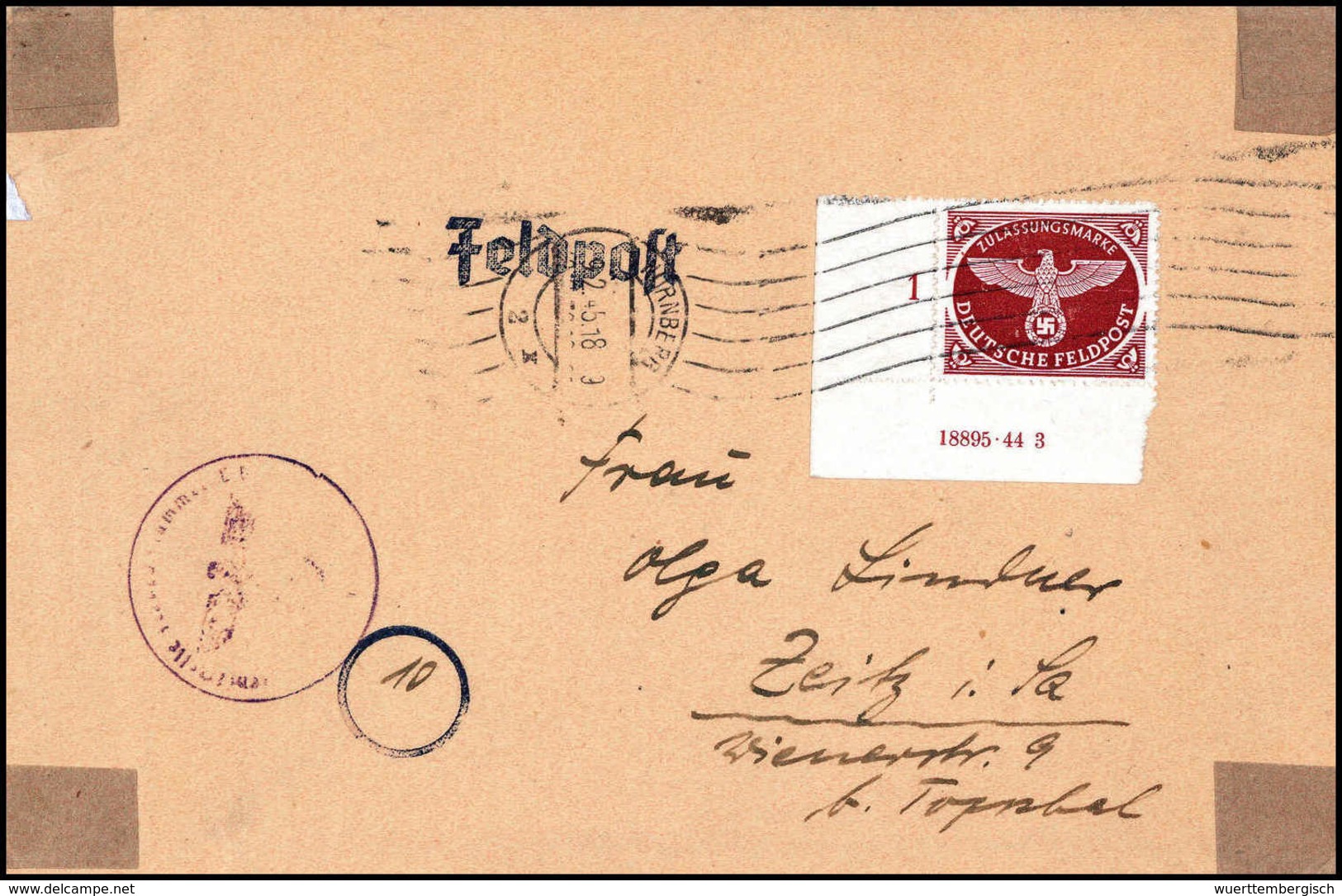 Beleg Feldpostpäckchen, Aus Der Li. Unt. Bogenecke Mit HAN "18895.44 3" Als EF Auf Portoger. Brief (Front - Heimat) Mit  - Sonstige & Ohne Zuordnung