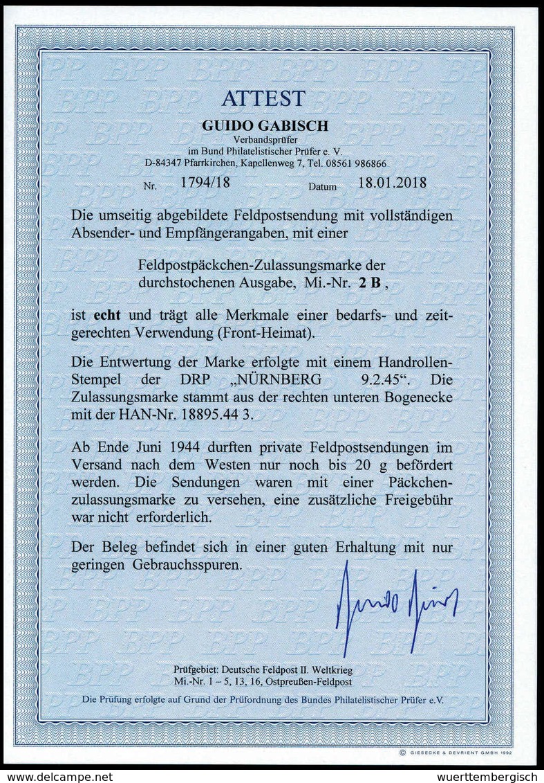 Beleg Feldpostpäckchen, Aus Der Li. Unt. Bogenecke Mit HAN "18895.44 3" Als EF Auf Portoger. Brief (Front - Heimat) Mit  - Sonstige & Ohne Zuordnung