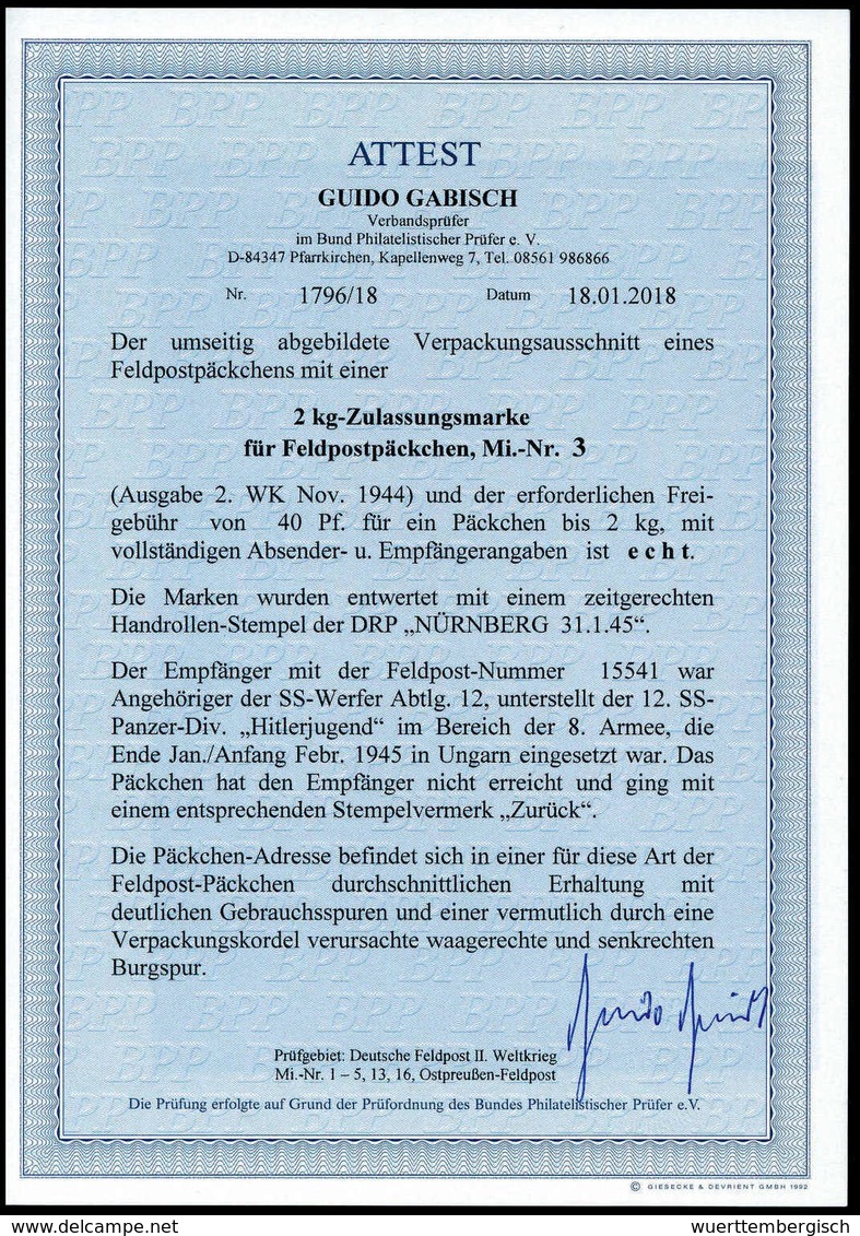 Beleg 2-kg-Zulassungsmarke Und Senkr. Paar Hitler 20 Pfg. Auf Großem Verpackungs-Ausschnitt Eines Feldpost-Päckchens Mit - Sonstige & Ohne Zuordnung