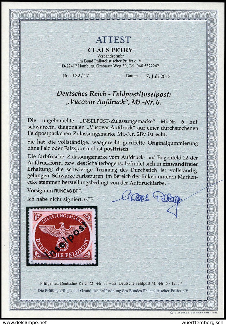 ** Vukovar-Aufdruck, Tadellos Postfr., Sign. Rungas BPP, Fotoattest Petry BPP.<br/><b>Katalogpreis: 2.000,-+</b> (Michel - Sonstige & Ohne Zuordnung