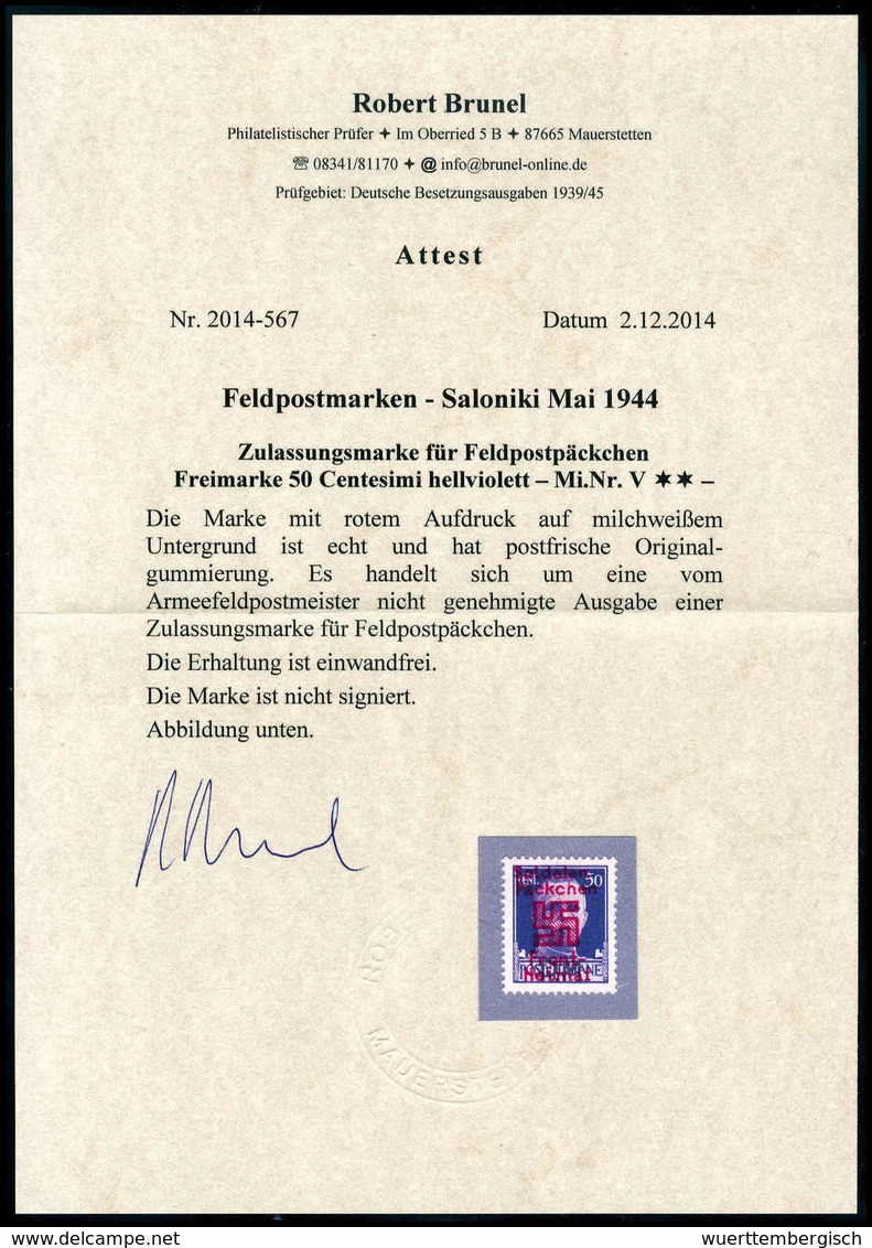 ** Saloniki: 50 C., Tadellos Postfr. In Perfekter Zähnung Und Zentrierung. Seltene Marke, Fotoattest Brunel.<br/><b>Kata - Altri & Non Classificati