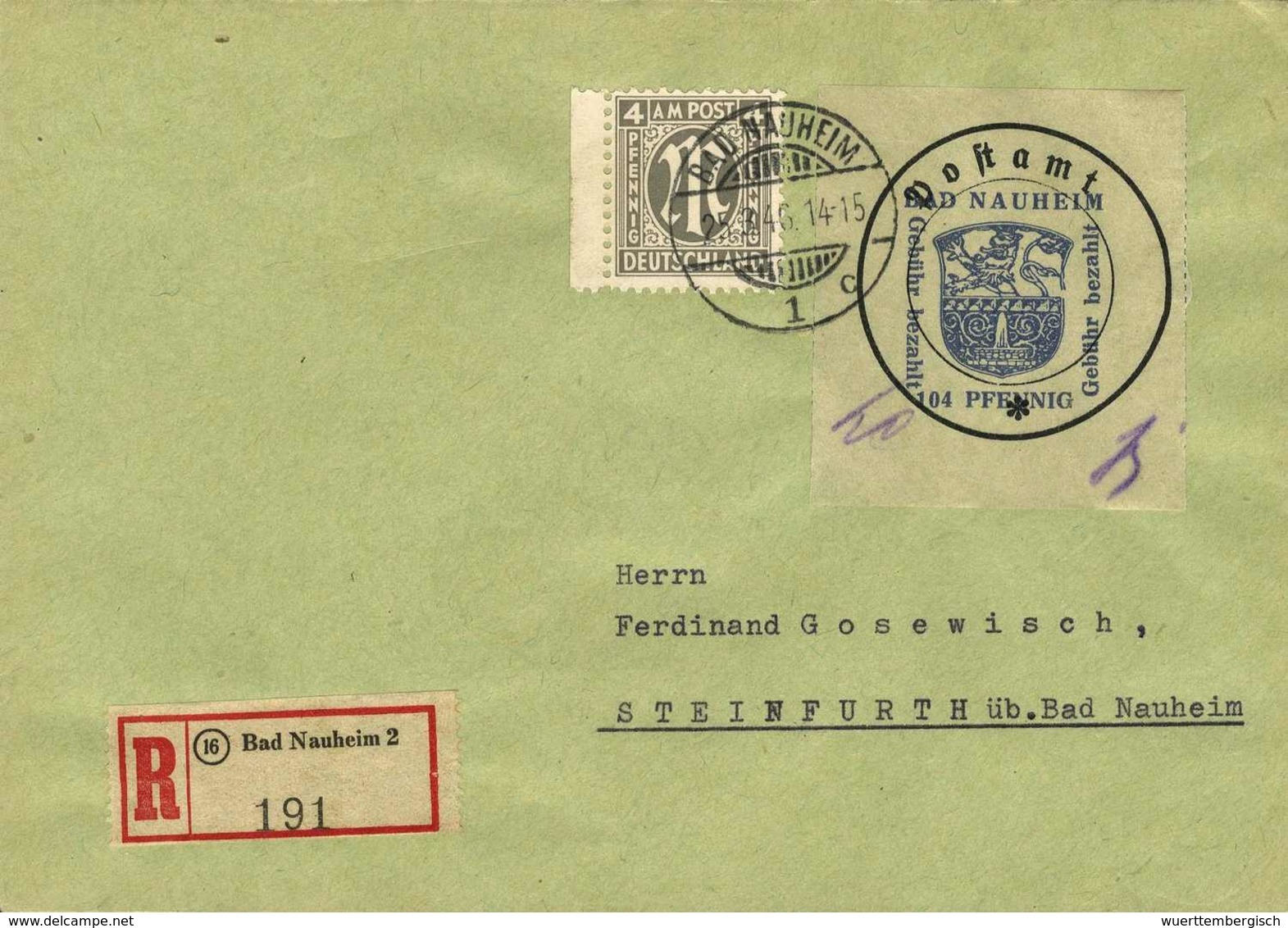 Beleg Postverschlußzettel 1o4 Pfg., Plf. IV, Und Bizone AM-Post 4 Pfg. Auf Tadellosem R-Brief.<br/><b>Katalogpreis: 300, - Autres & Non Classés