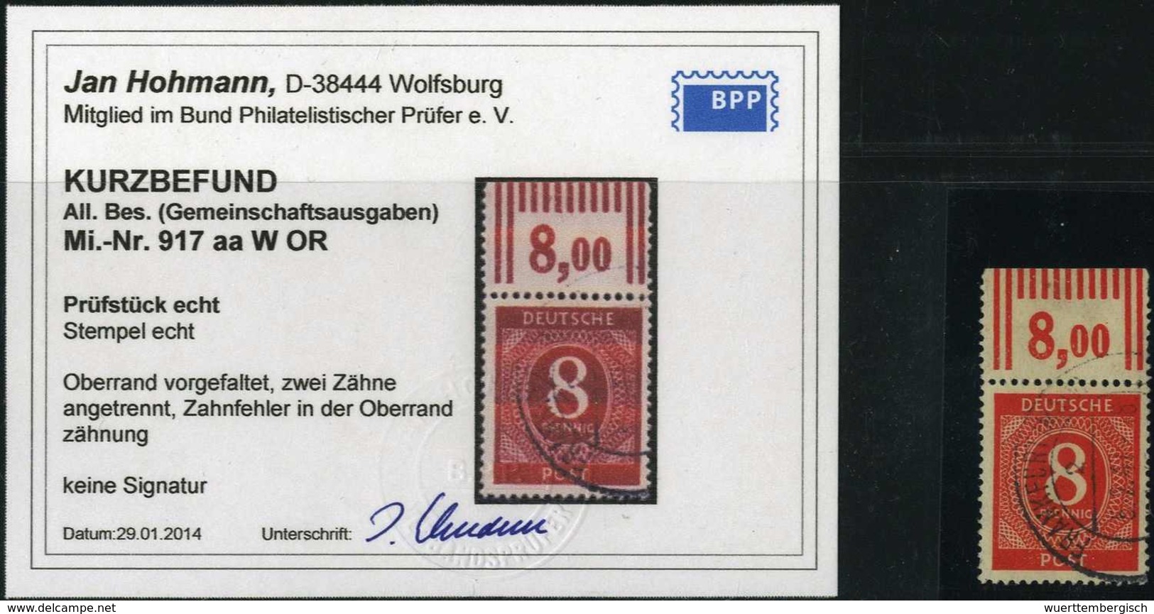 Gest. 8 Pfg., Gestplt. Oberrandstück Im Walzendruck (kl. Mgl.), Fotobefund Hohmann BPP.<br/><b>Katalogpreis: 200,-</b> ( - Other & Unclassified