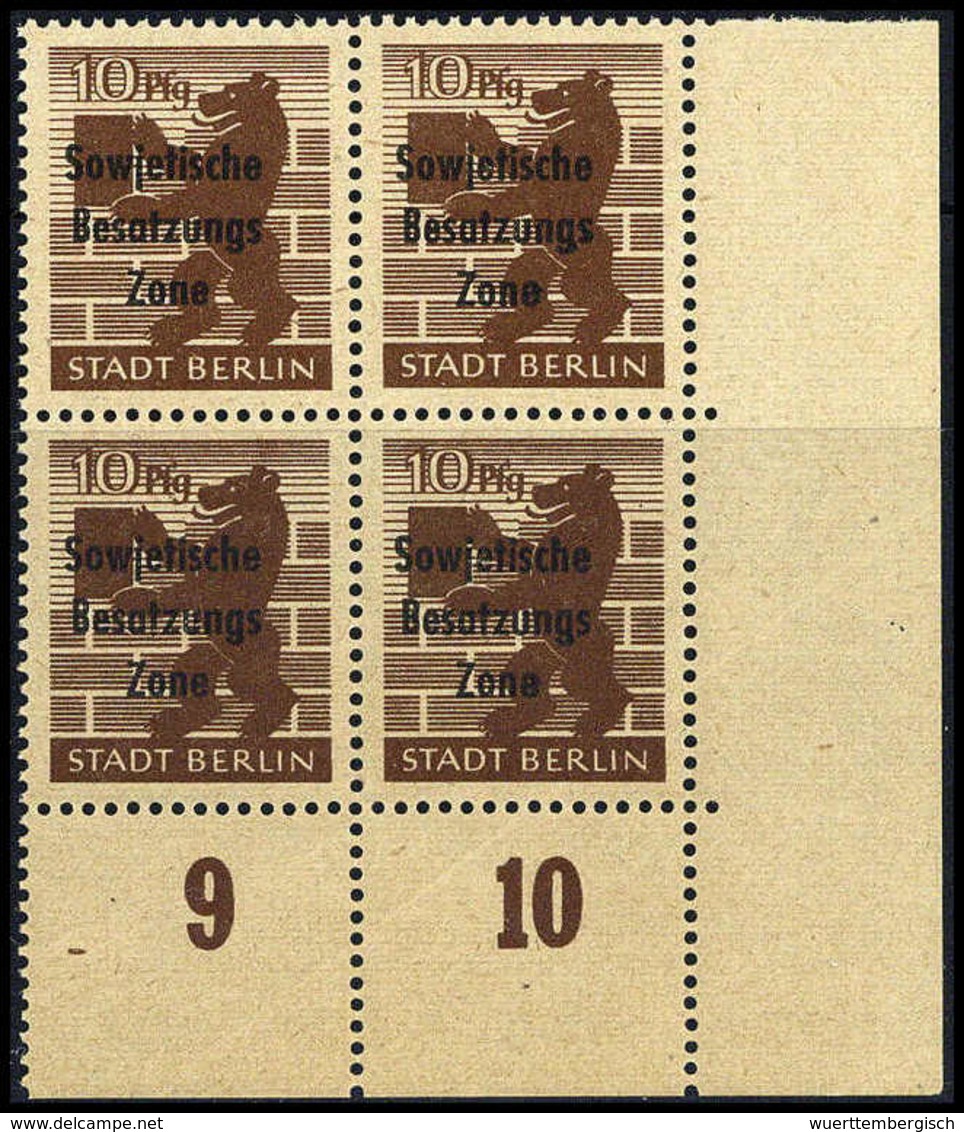 ** 10 Pfg., Plf. II, Tadellos Postfr. Eckrand-Viererblock Mit Drei Normalmarken.<br/><b>Katalogpreis: 120,-</b> (Michel: - Autres & Non Classés