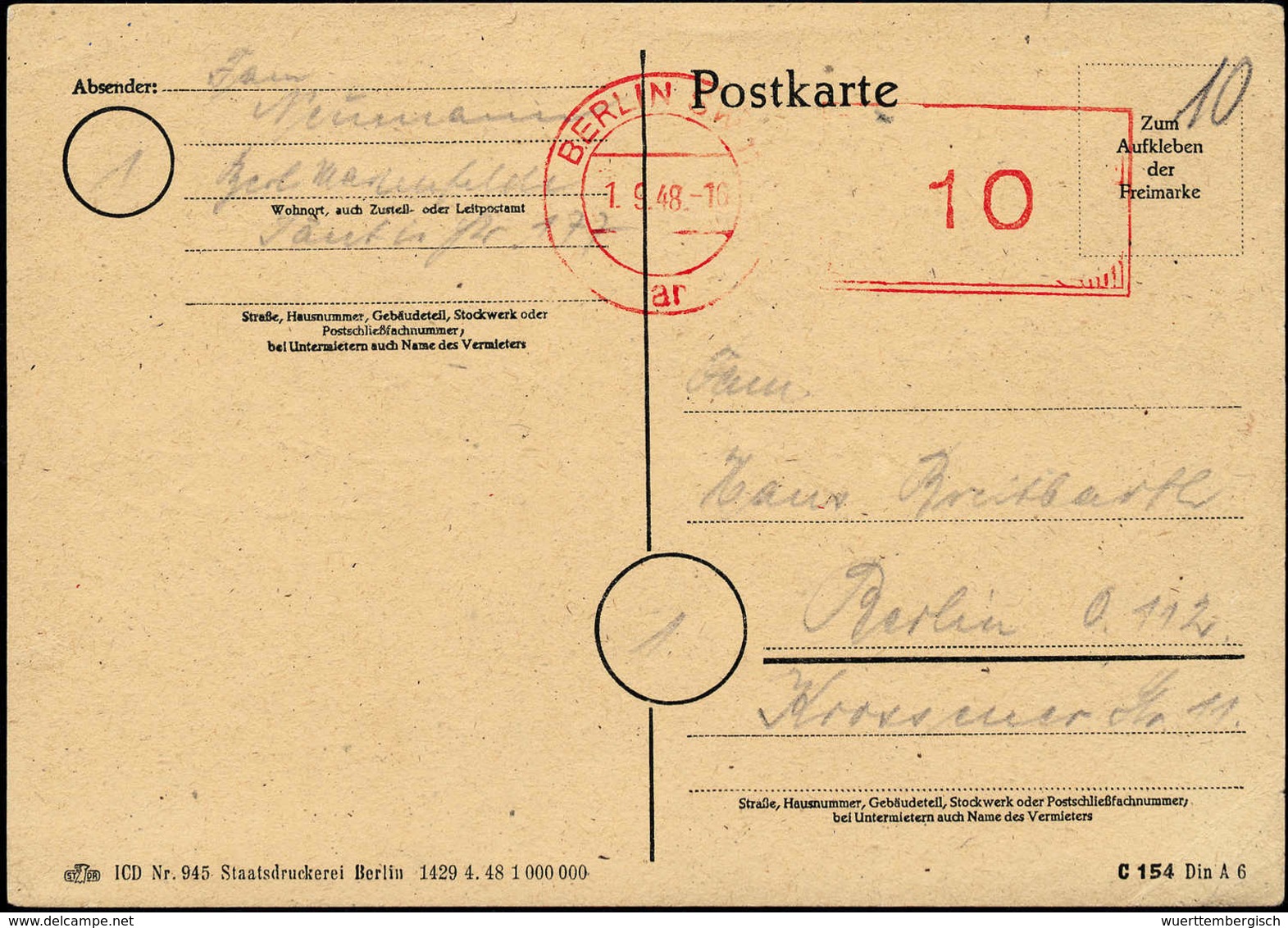 1948, zwölf Briefe mit Gebühr-Bezahlt- bzw. Absender-Freistempel, dabei seltene Provisorien, u.a. BERLIN-WEIDMANNSLUST 1