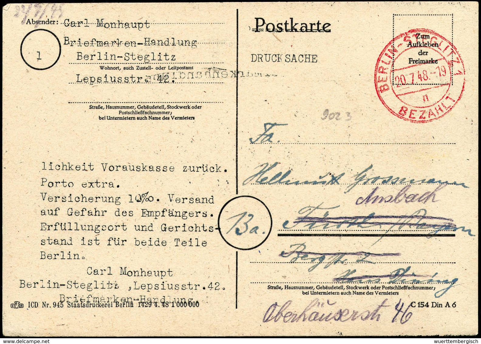 1948, zwölf Briefe mit Gebühr-Bezahlt- bzw. Absender-Freistempel, dabei seltene Provisorien, u.a. BERLIN-WEIDMANNSLUST 1