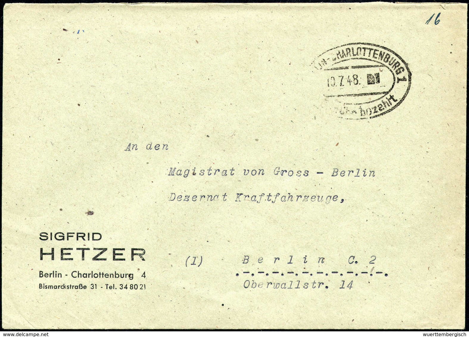 1948, zwölf Briefe mit Gebühr-Bezahlt- bzw. Absender-Freistempel, dabei seltene Provisorien, u.a. BERLIN-WEIDMANNSLUST 1