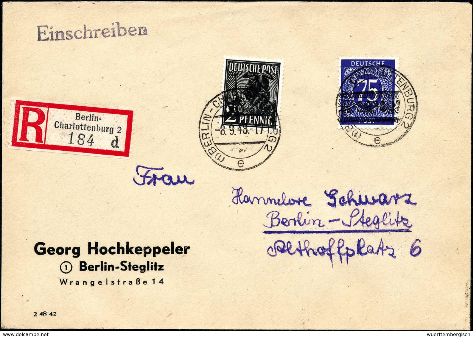 Beleg 2 Pfg. Mit Bizone Bandaufdruck 75 Pfg. Auf Tadellosem R-Brief Mit Stempel BERLIN-CHARLOTTENBURG 2 "e" 8/9 48 Nach  - Altri & Non Classificati