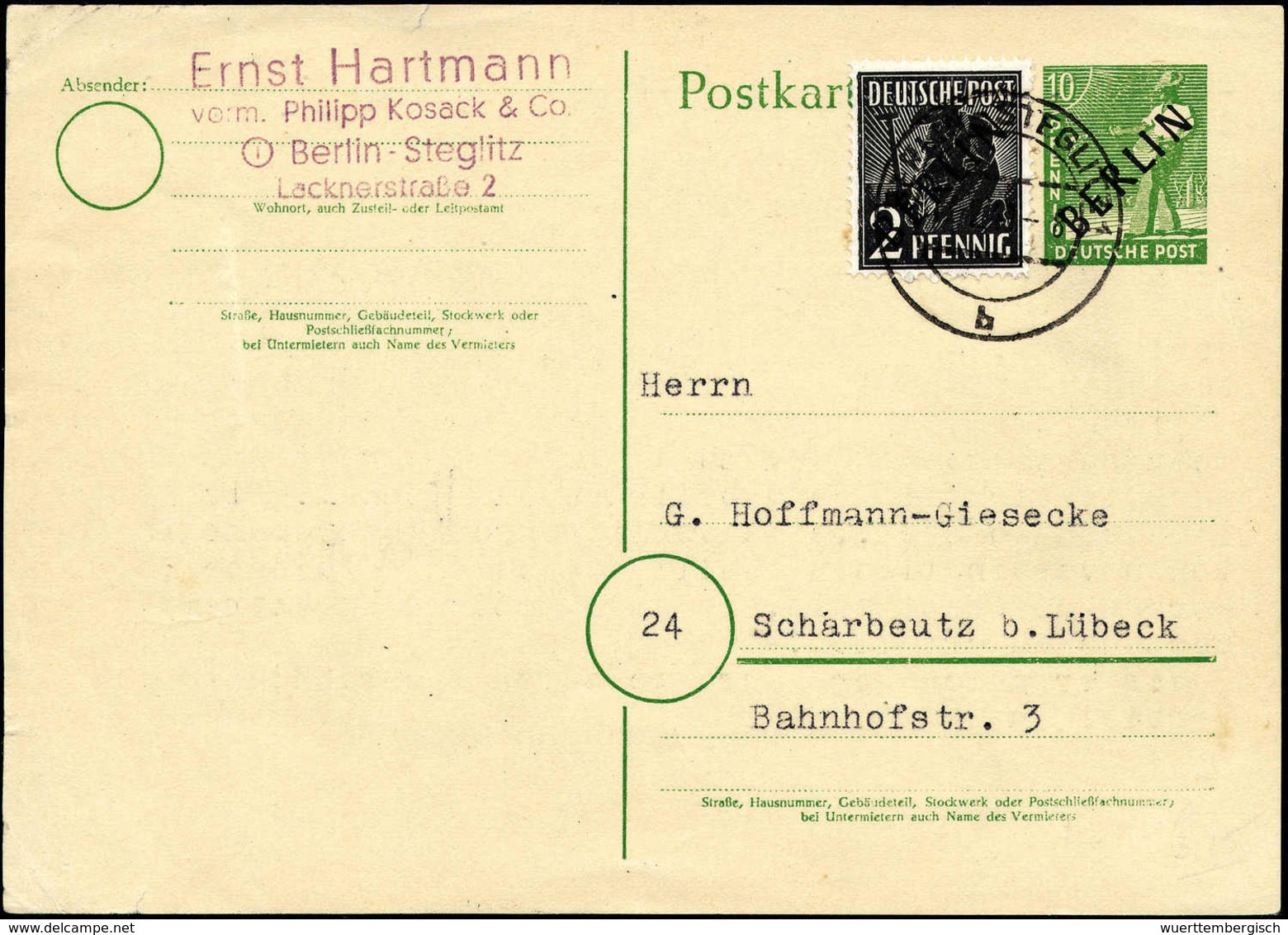 Beleg 2 Pfg. Als Zusatzfrankatur Auf Ganzsachenkarte 10 Pfg. Mit Stempel BERLIN-STEGLITZ 1 "b" 16/2 49. (Michel: 1,P1d) - Other & Unclassified