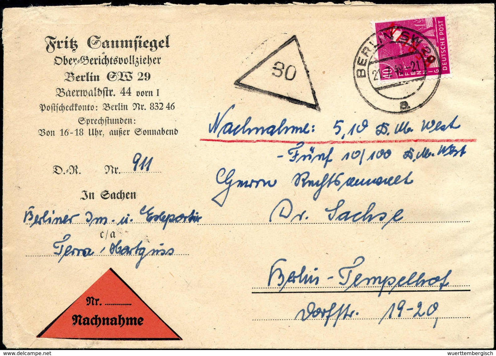 Beleg 40 Pfg., Tadellose EF Mit Stempel BERLIN SW 29. 21/7 49 Auf Orts-Nachnahmebrief.<br/><b>Katalogpreis: 250,-</b> (M - Other & Unclassified