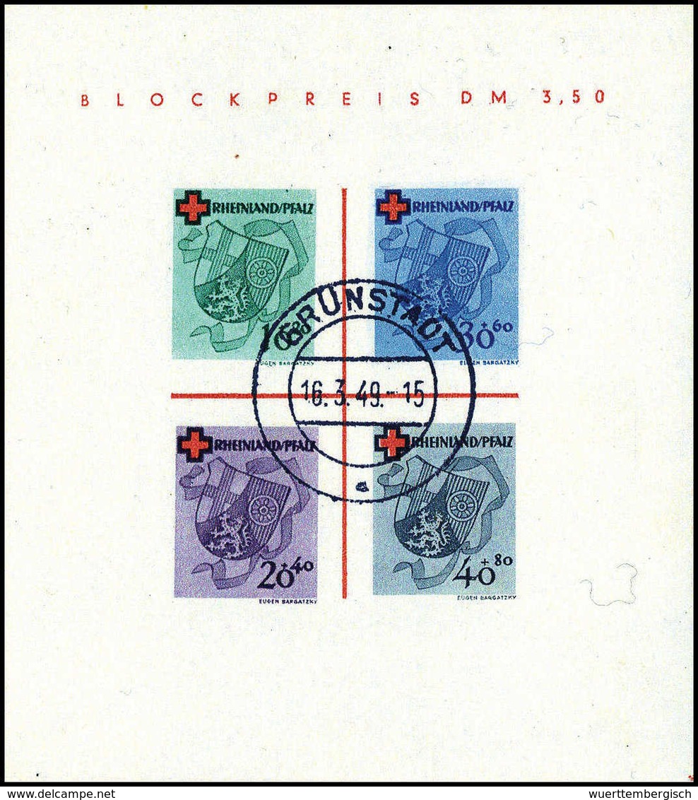 Gest. Rotes-Kreuz-Block, Tadelloses Exemplar Mit Ideal Aufges. Stempel GRÜNSTADT 16/3 49, Fotoattest Schlegel BPP.<br/>< - Autres & Non Classés