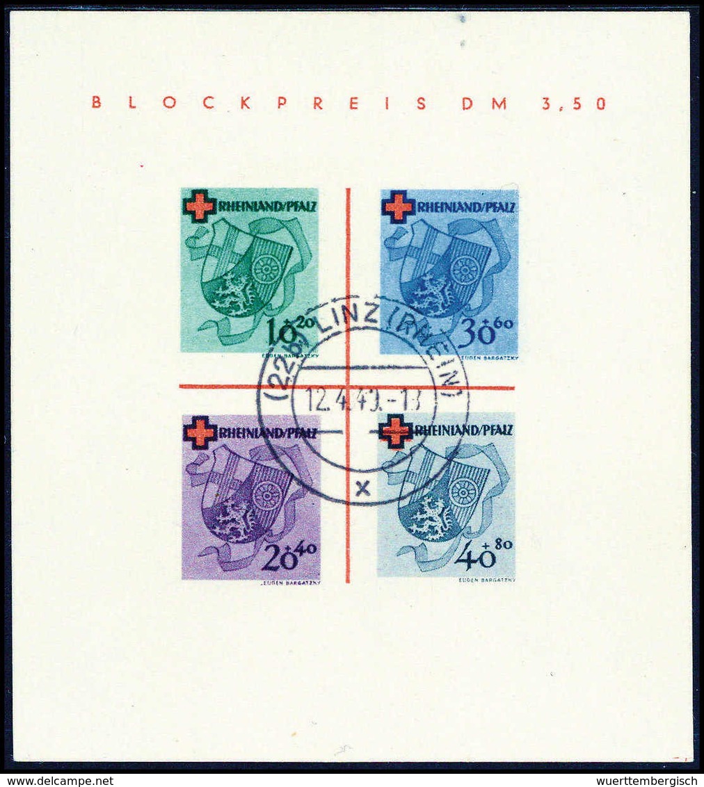 Gest. Rotes-Kreuz-Block, Tadelloses Exemplar Mit Ideal Aufges. Stempel LINZ (RHEIN) 12/4 49, Fotoattest Schlegel BPP.<br - Autres & Non Classés