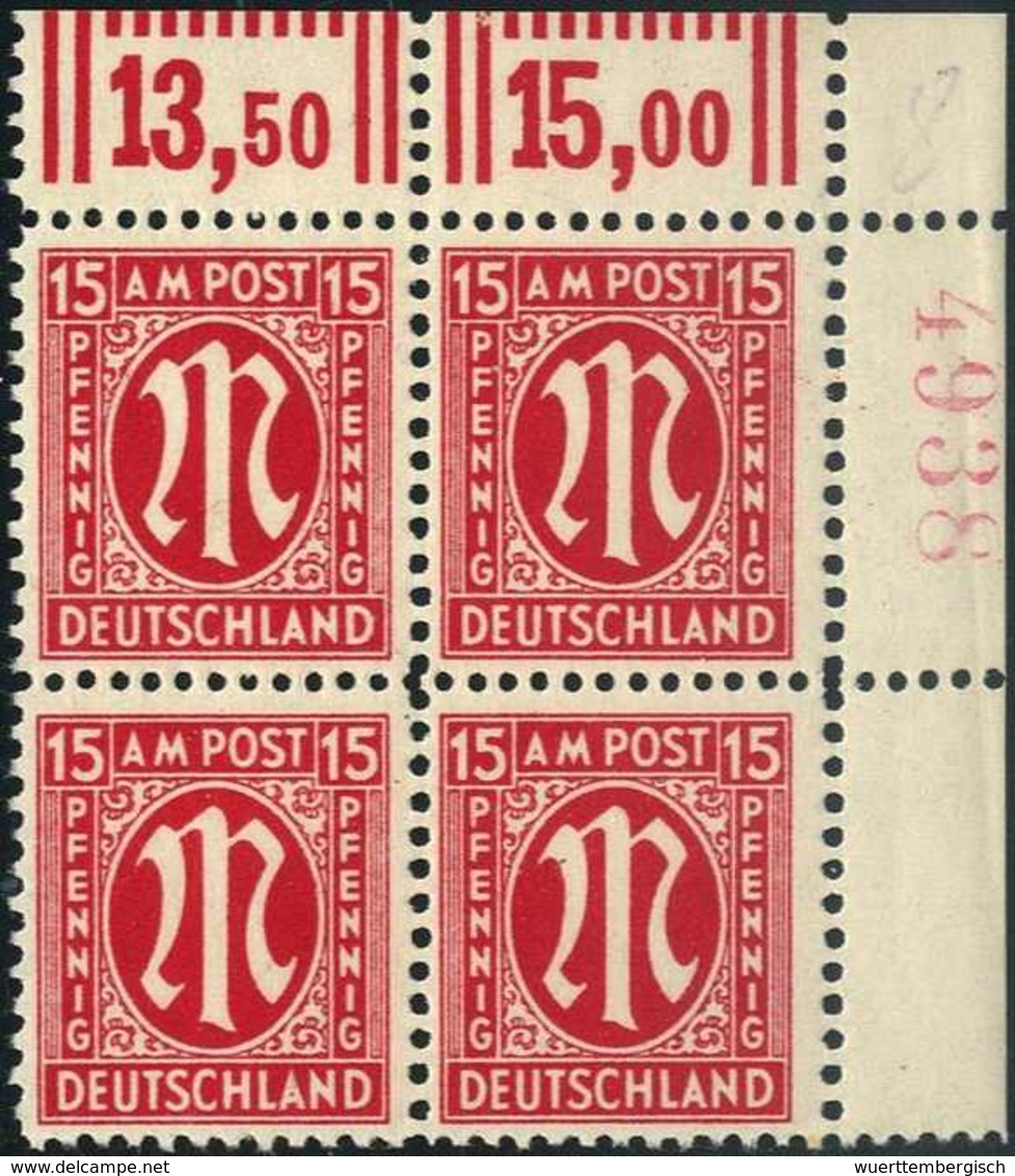 ** 15 Pfg., Tadellos Postfr. Viererblock Aus Der Re. Ob. Bogenecke Mit Roter Bogenzähl-Nr."4938".<br/><b>Katalogpreis: 2 - Autres & Non Classés