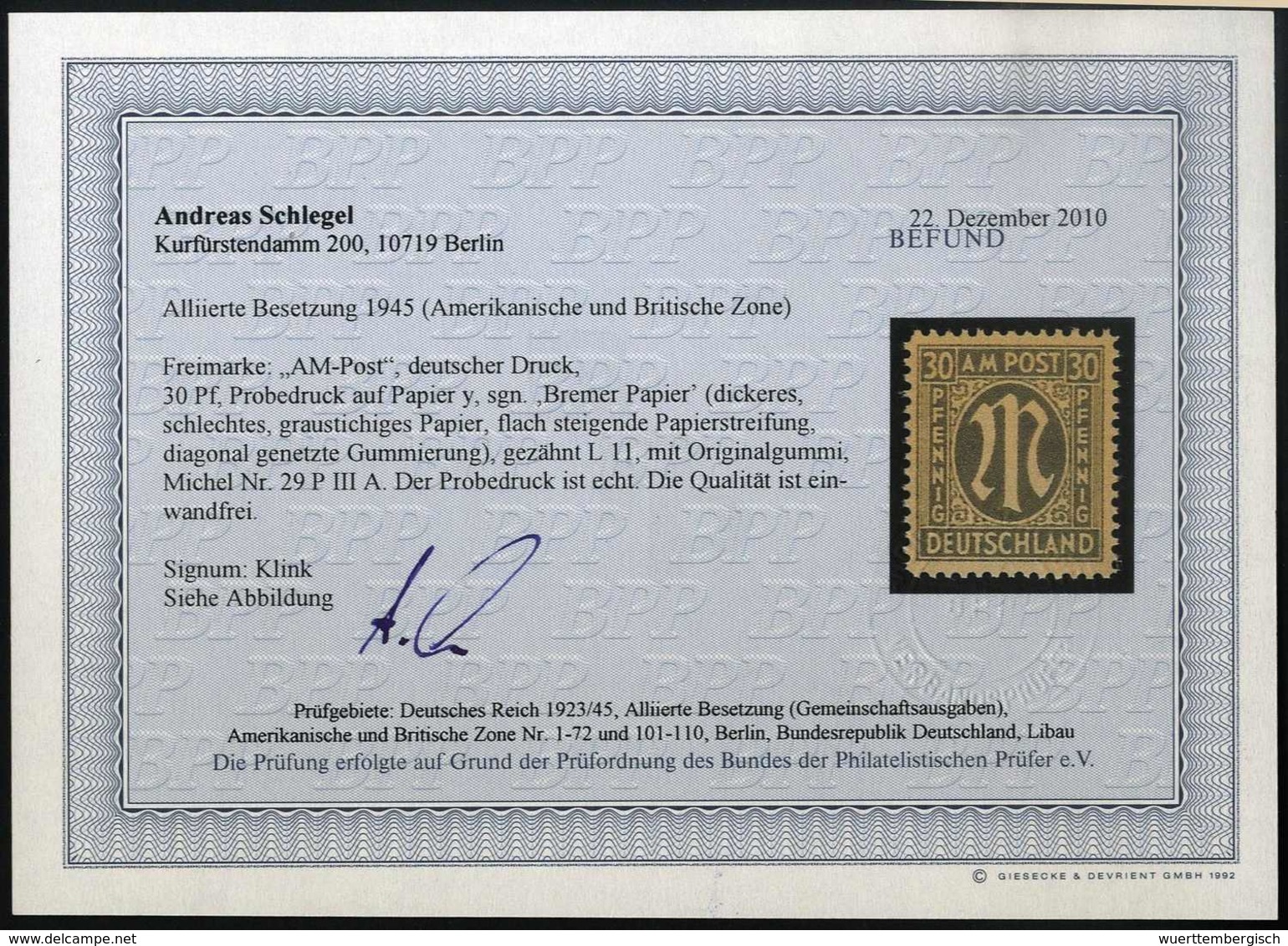 ** 30 Pfg., Probedruck Auf Papier Y, Tadellos Postfr., Fotobefund Schlegel BPP.<br/><b>Katalogpreis: 450,-</b> (Michel:  - Altri & Non Classificati