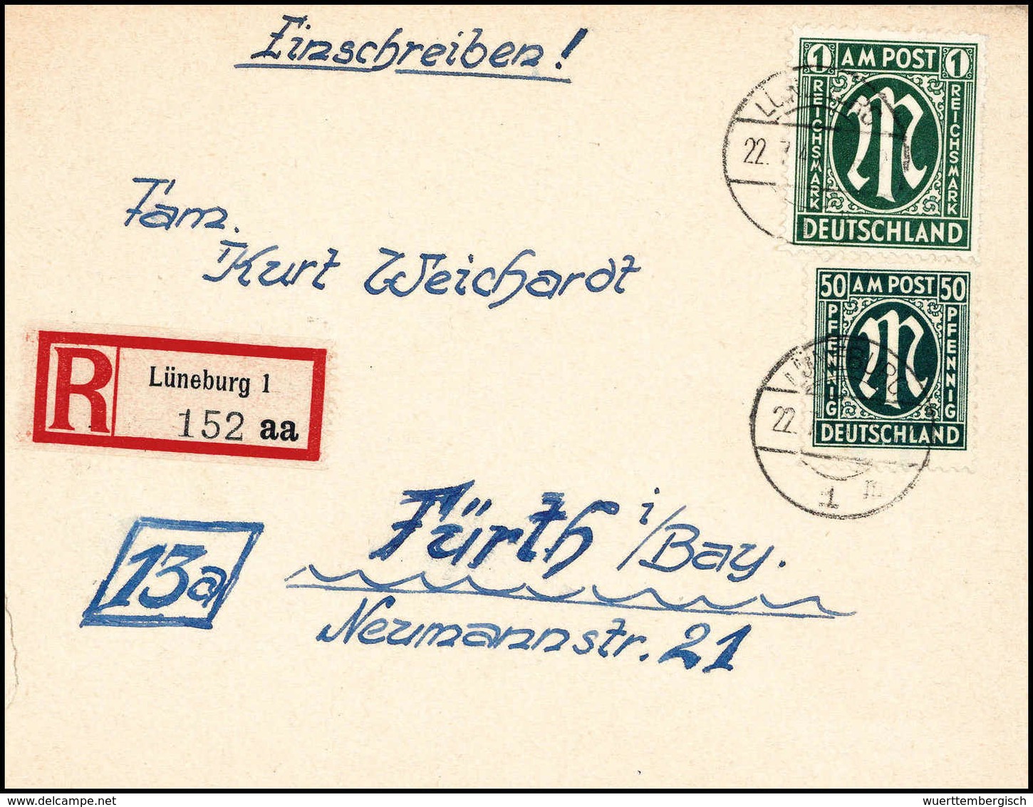 Beleg 1 Mk. Mit 50 Pfg. Auf Einschreibebrief Mit Stempel LÜNEBURG 22/7 45 (li. Öffnungsfehler), Sign. Schlegel BPP. (Mic - Other & Unclassified