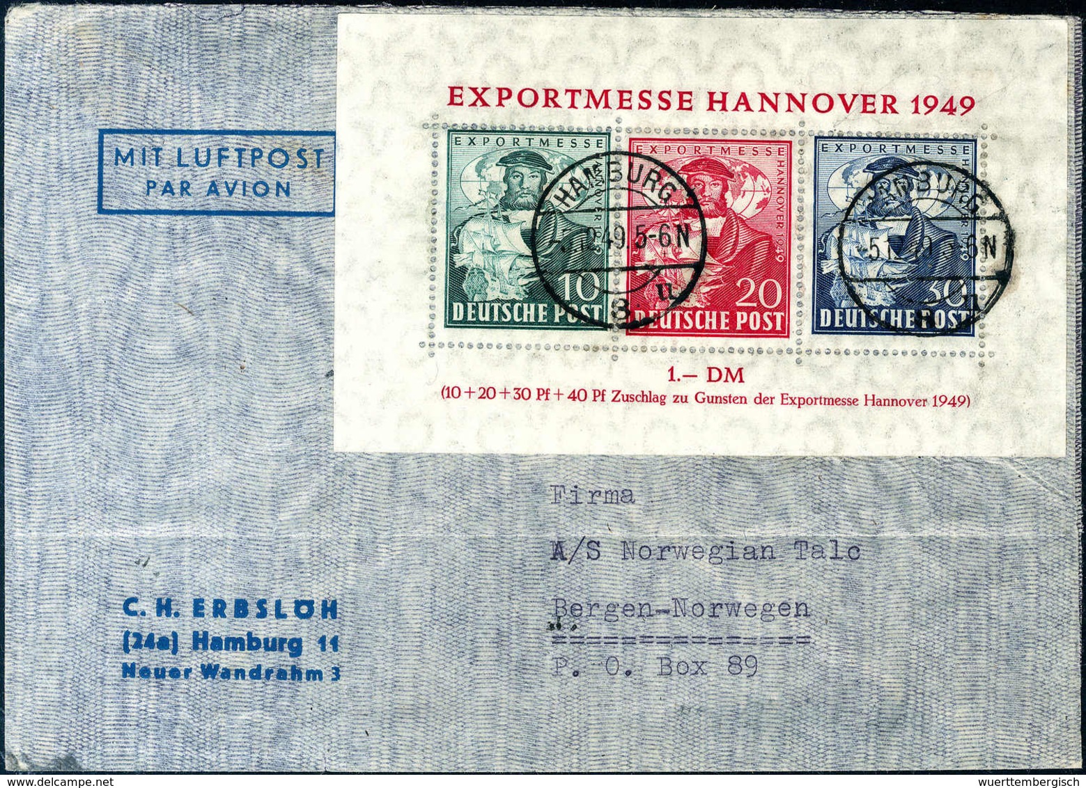 Beleg Hannovermesse-Block, Tadelloses Exemplar Mit Zwei Sauber Aufges. Stempeln HAMBURG 5/12 49 Auf Luftpostbrief Nach N - Other & Unclassified