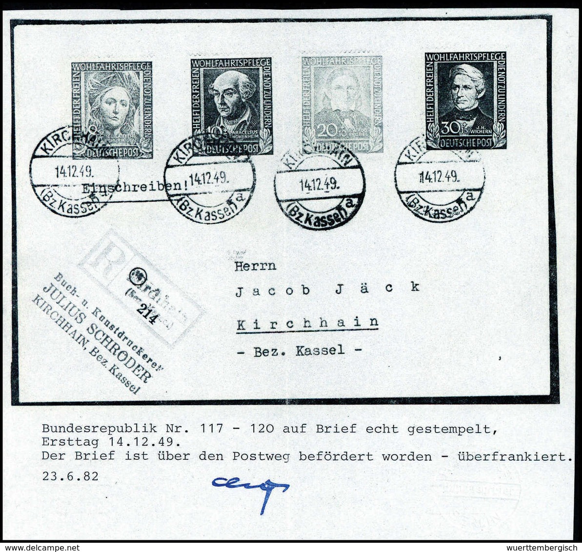 Wohlfahrt, Serie (30 Pfg. Kl. Beanstdg.) Auf Frischem R-FDC Von Kirchheim, Befundkopie Schlegel BPP.<br/><b>Katalogpreis - Altri & Non Classificati