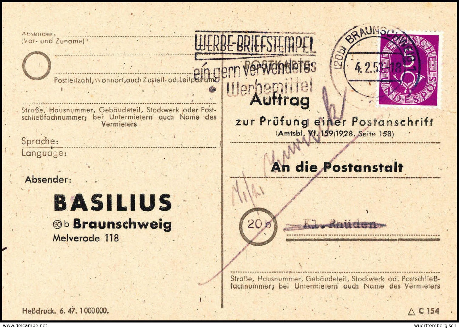 Beleg 5 Pfg., EF Auf Postkarte (kl. Einriß) Zur Prüfung Einer Postanschrift, Sign. Schlegel BPP.<br/><b>Katalogpreis: 38 - Autres & Non Classés