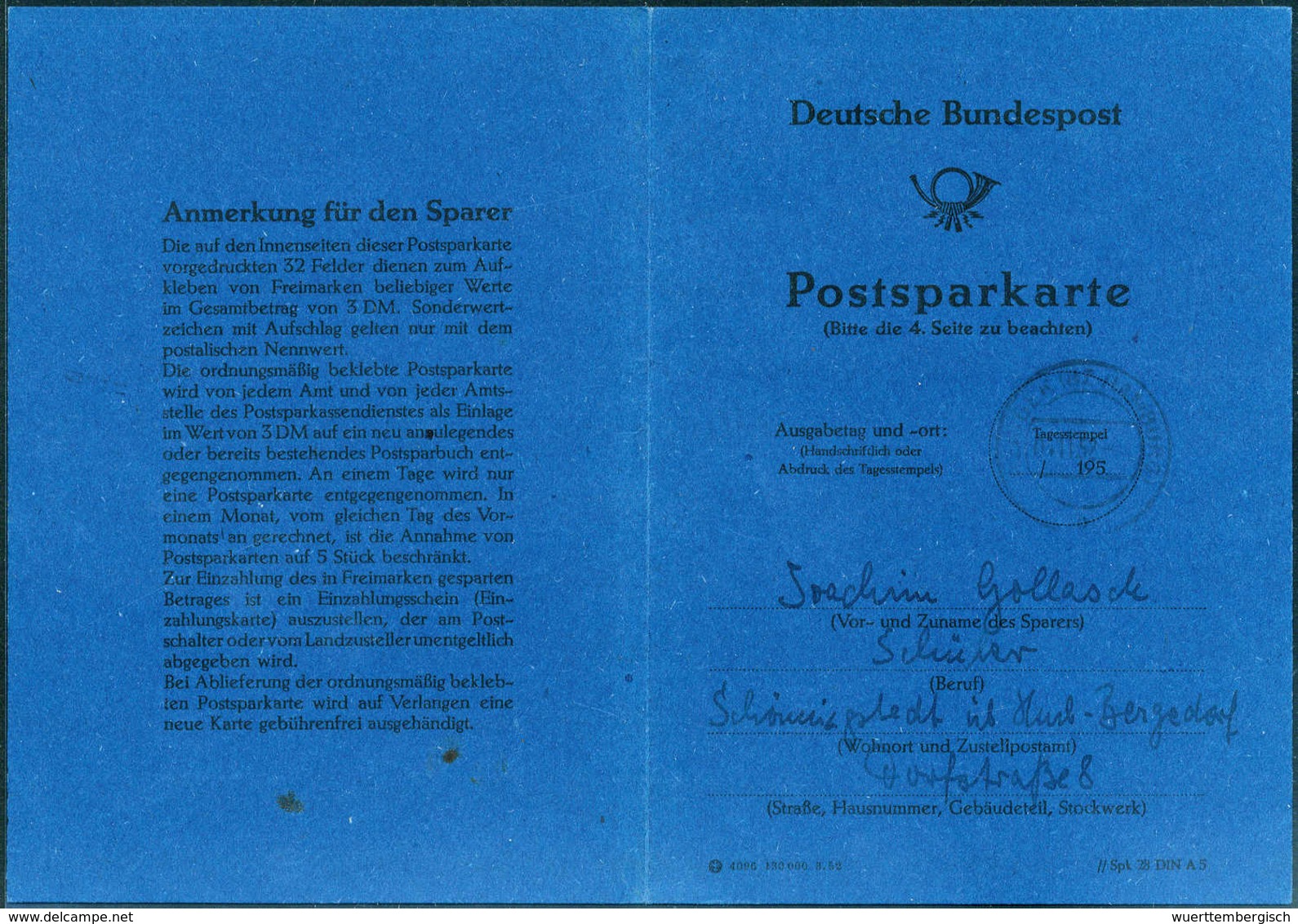 Beleg 1952, Postsparkarte Mit Stempel REINBEK 4/11 52, Innen Aufgeklebt Posthorn 10, 20(2) Und 40-90 Pfg. Sehr Seltenes  - Sonstige & Ohne Zuordnung