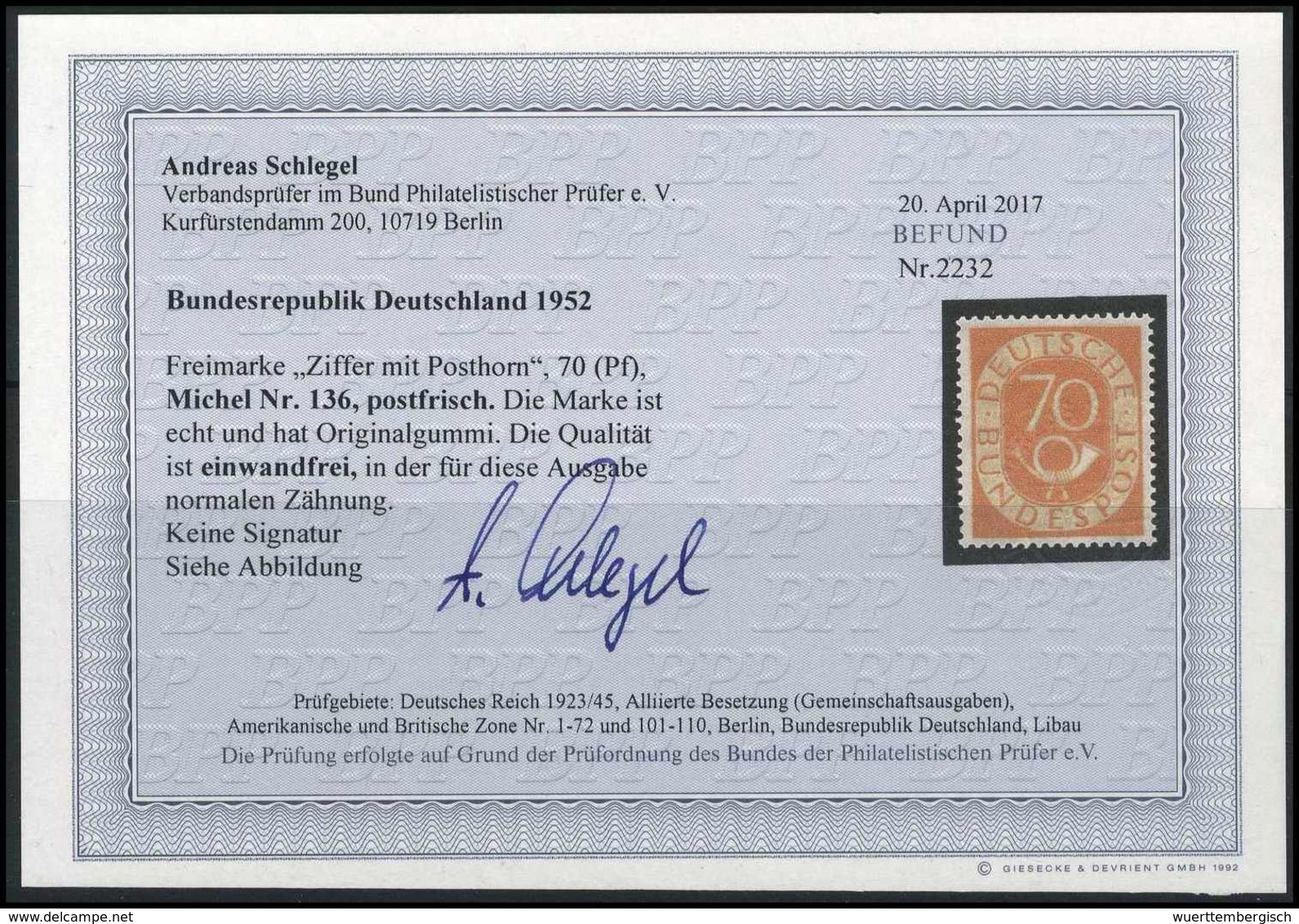 ** 70 Pfg., Tadellos Postfr., Fotobefund Schlegel BPP.<br/><b>Katalogpreis: 500,-</b> (Michel: 136) - Sonstige & Ohne Zuordnung