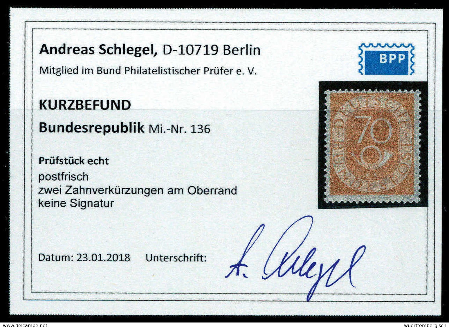 ** 70 Pfg., Postfr. (zwei Kurze Zähne), Fotobefund Schlegel BPP.<br/><b>Katalogpreis: 500,-</b> (Michel: 136) - Sonstige & Ohne Zuordnung