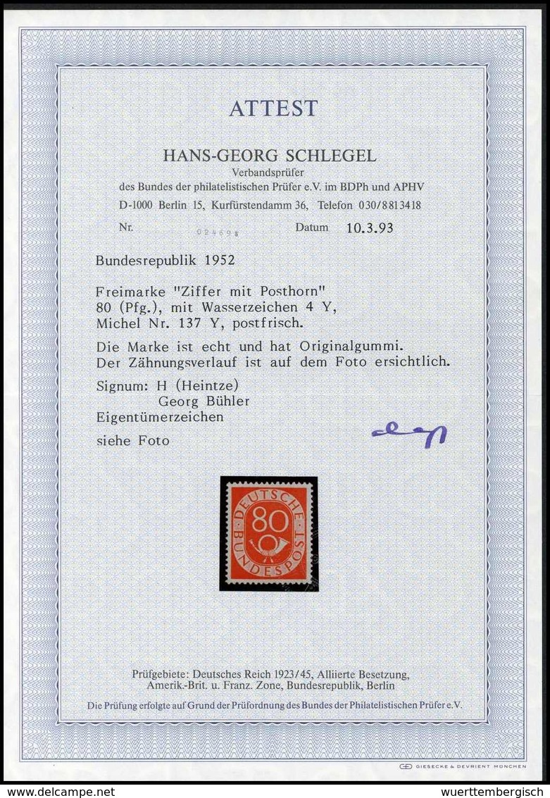 ** 80 Pfg., Wz.Y, Tadellos Postfr., Fotoattest Schlegel BPP.<br/><b>Katalogpreis: 2.000,-</b> (Michel: 137Y) - Sonstige & Ohne Zuordnung