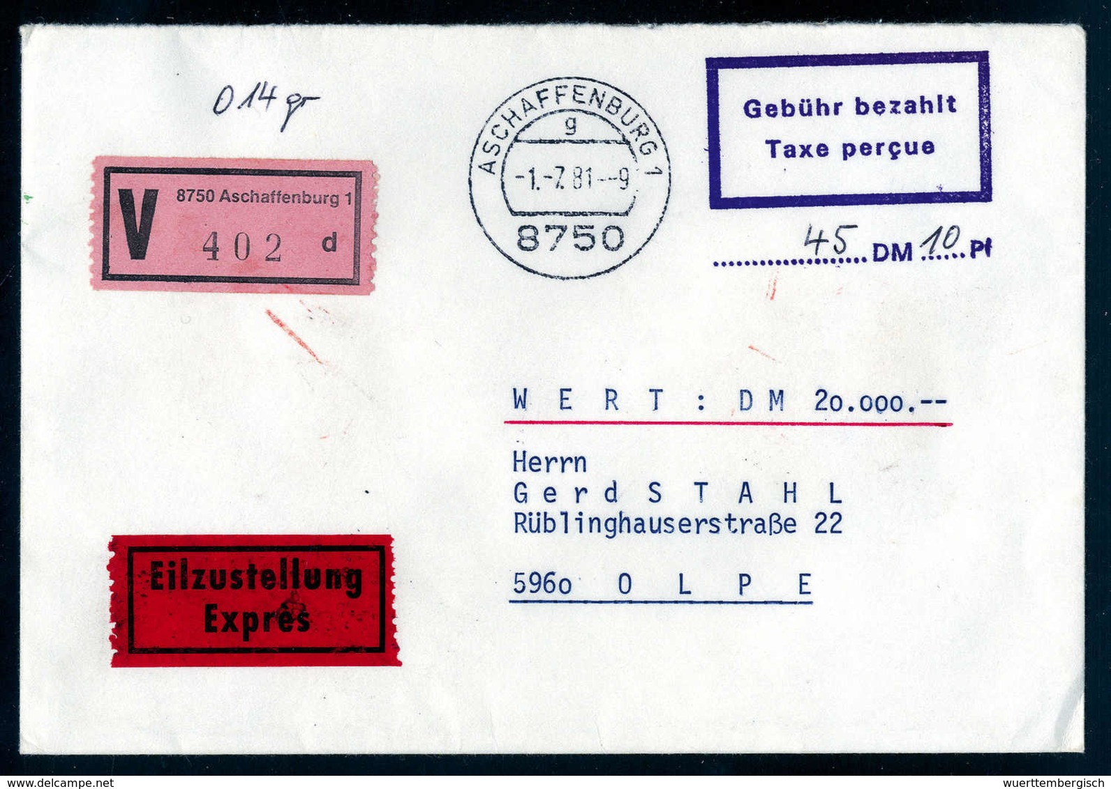 1981, Tadelloser Wertbrief über "20.000,- DM" Per Eilboten Von Aschaffenburg Nach Olpe, Seltener Violetter R2 "Gebühr Be - Other & Unclassified