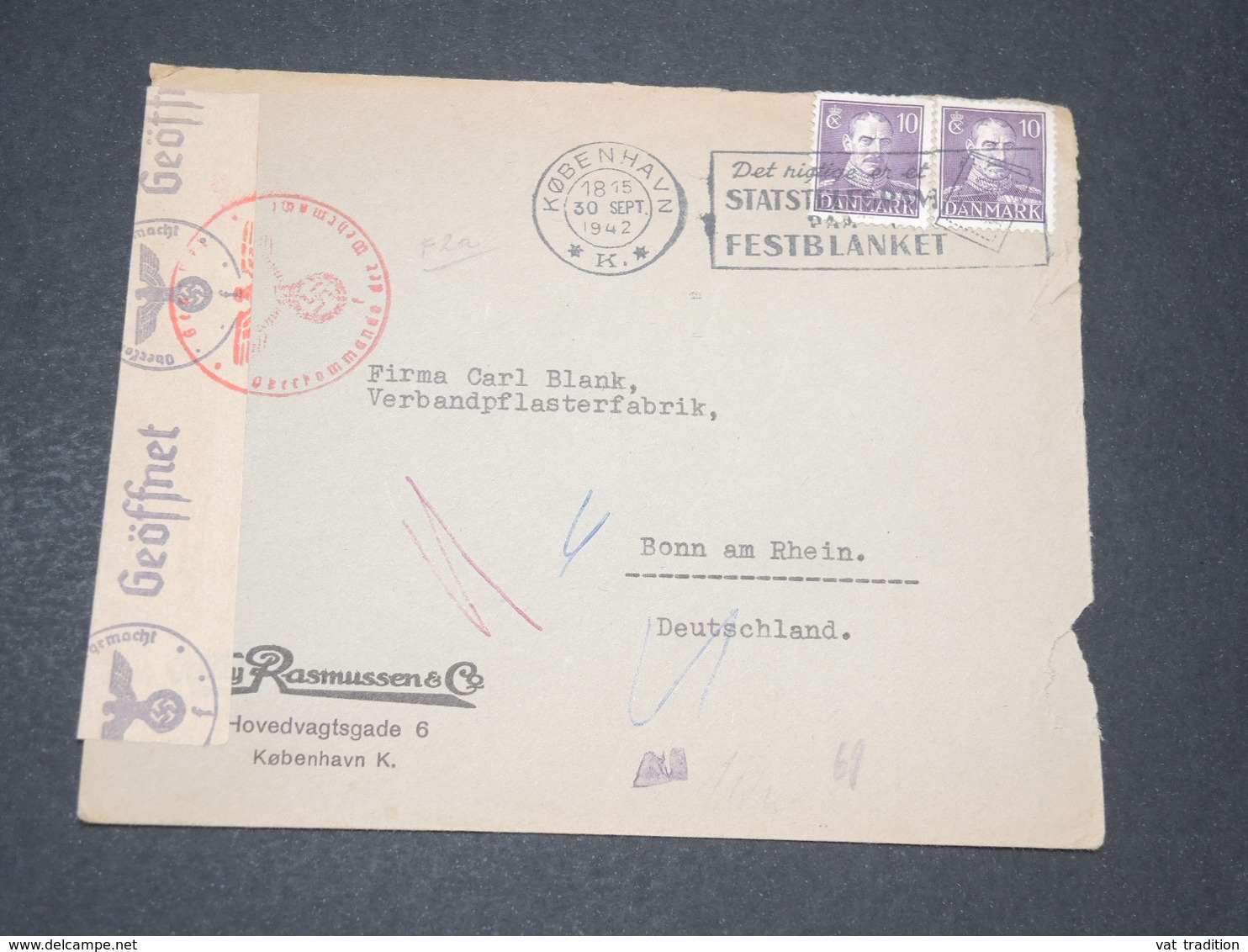 DANEMARK  - Enveloppe Commerciale De Copenhague Pour L 'Allemagne En 1942 Avec Contrôle Postal - L 14320 - Storia Postale