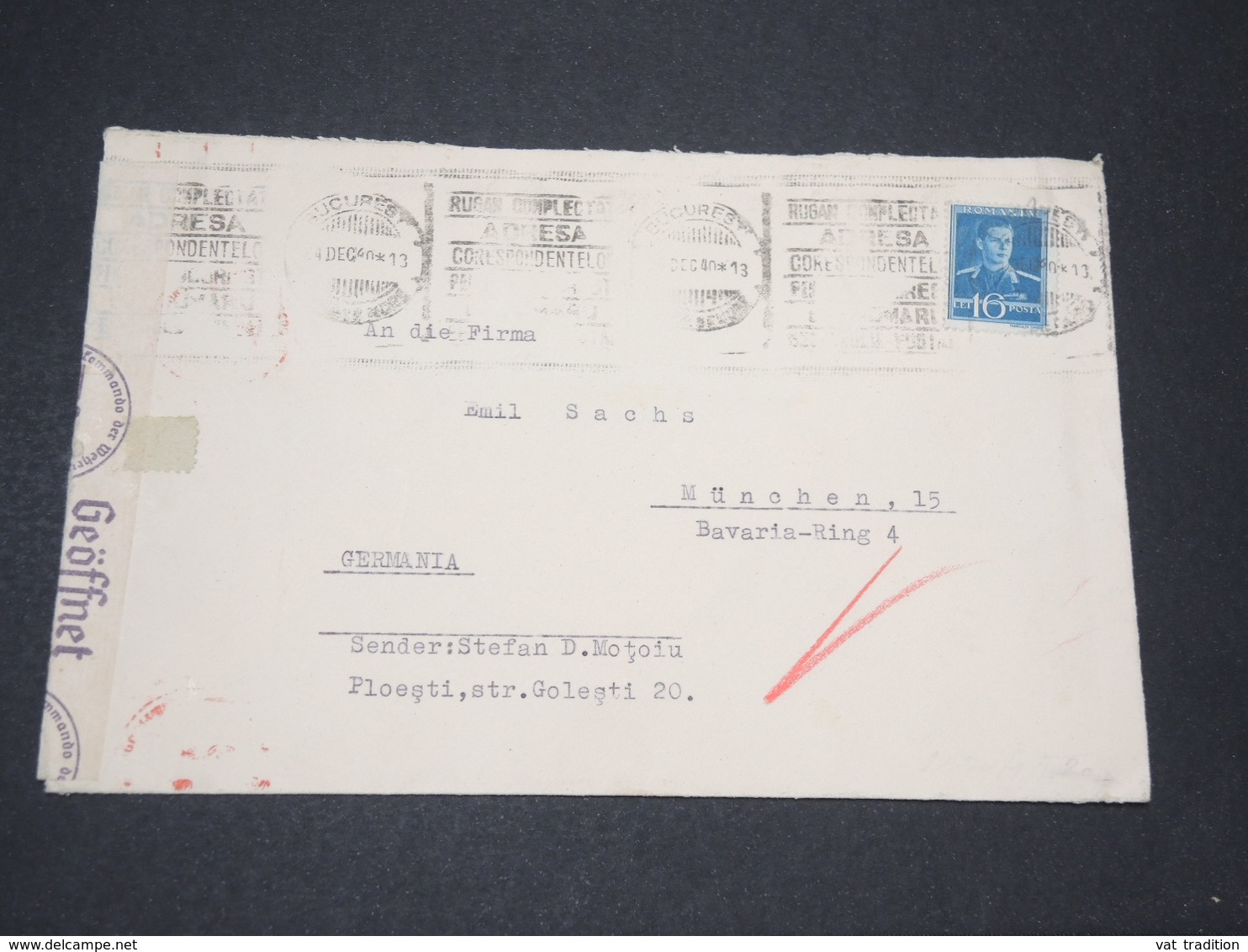 ROUMANIE - Enveloppe De Bucarest Pour L' Allemagne En 1940 Avec Contrôle Postal - L 14323 - Cartas De La Segunda Guerra Mundial