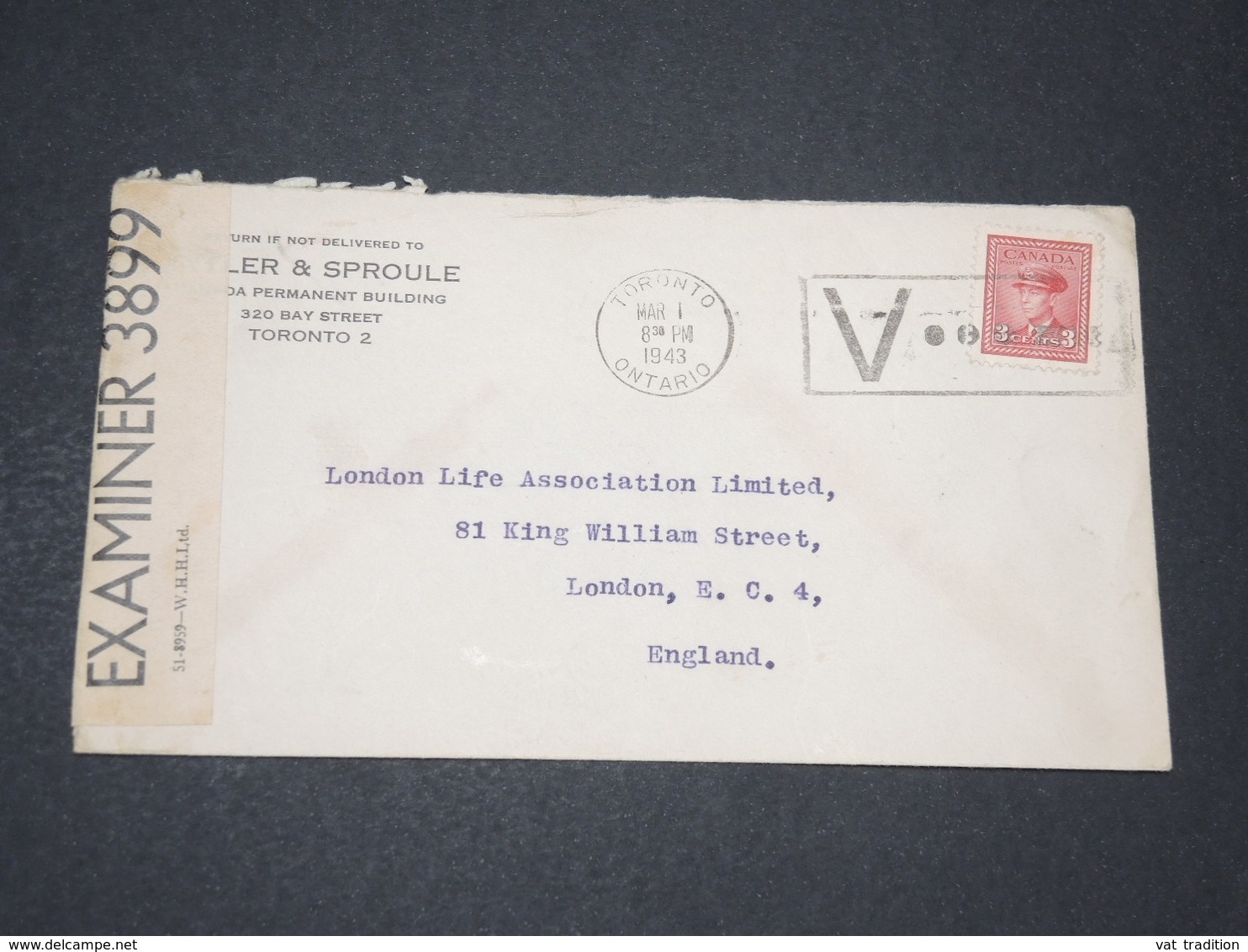 CANADA - Enveloppe De Toronto Pour Londres En 1943 Avec Contrôle Postal - L 14325 - Briefe U. Dokumente