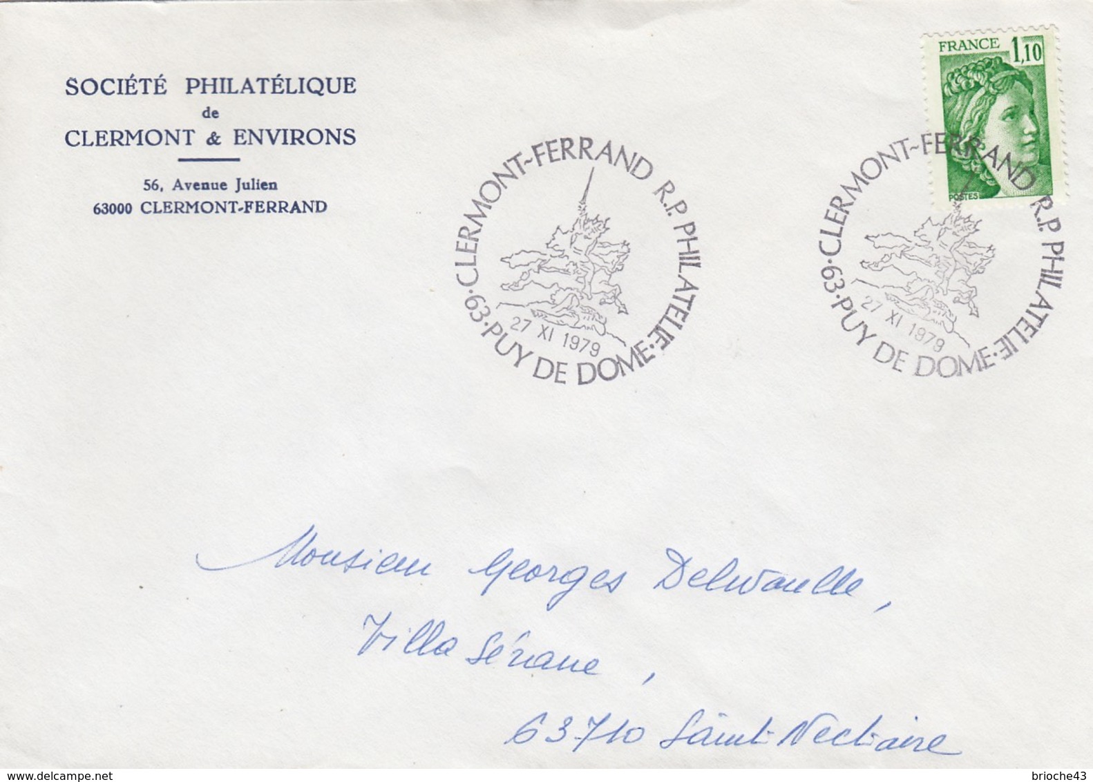 FRANCE - LETTRE SABINE DE GANDON 1.10 - CACHET CLERMONT-FERRAND PHILATELIE PUY DE DÔME 27.11.1979 / 1 - Lettres & Documents