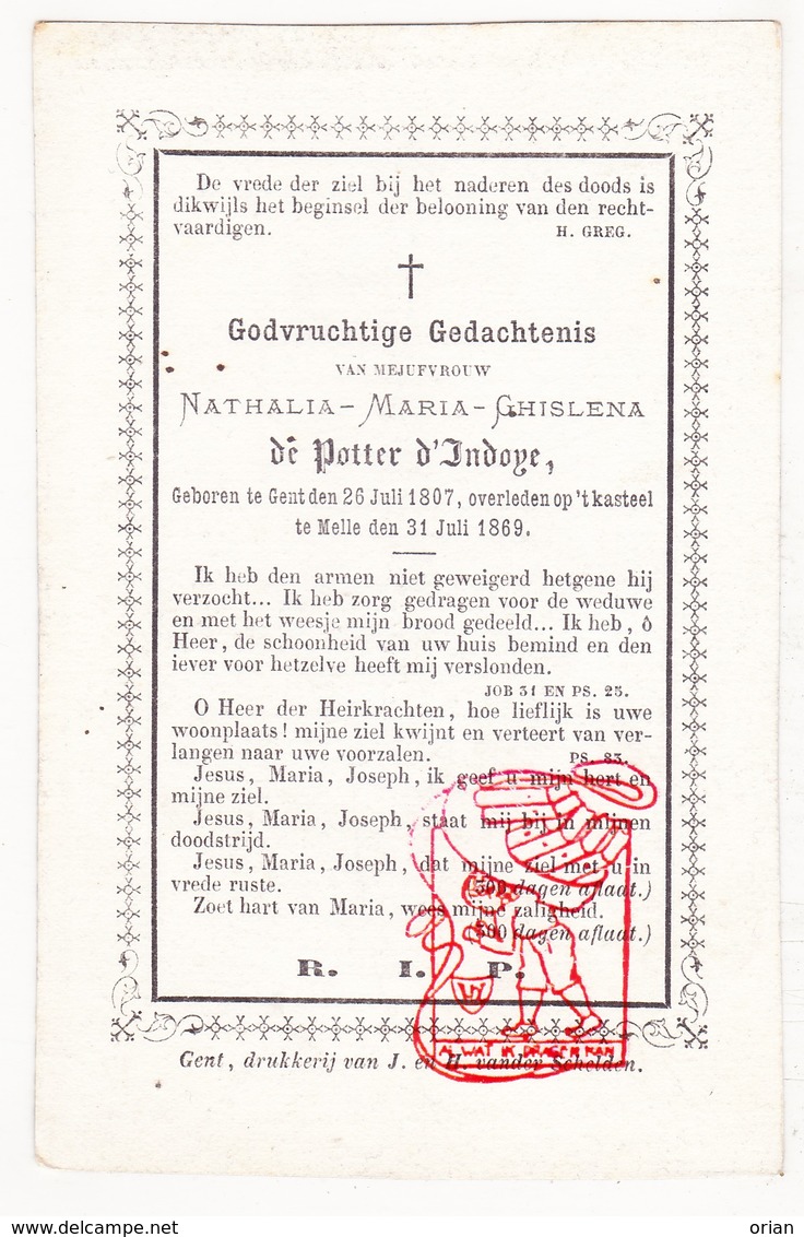 DP Adel Noblesse - Nathalie Maria G. De Potter D'Indoye / De Bay ° Gent 1807 † Kasteel Melle 1869 - Images Religieuses