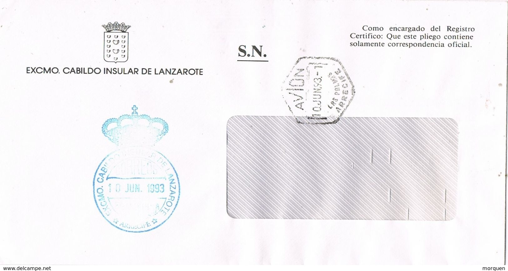 27676. Carta Aerea ARRECIFE (Canarias) 1993. Franquicia CABILDO Insular. AVION - Cartas & Documentos