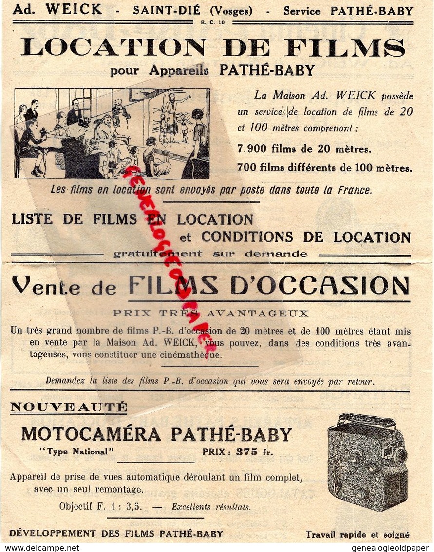 88-ST  SAINT DIE- RARE PUBLICITE CINEMA PATHE BABY- AD. WEICK- SUPER PROJECTEUR REX- PATHE BAY LUX-MOTOCAMERA - Publicidad