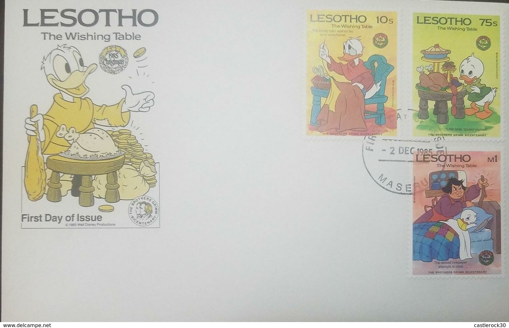 L) 1985 LESHOTO, DISNEY, PATO DONALD, SEWING, THE WISING TABLE, THE BROTHERS GRIMM BICENTENARY, FDC - Lesotho (1966-...)