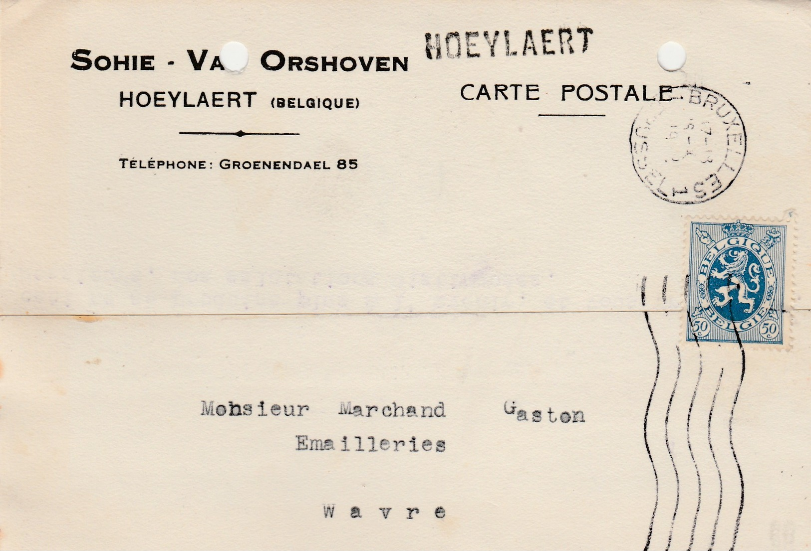 Hoeylaert, Griffe Linéaire, Cachet  Bruxelles ,carte Publicité , Sohie - Van Orshoven - Griffes Linéaires