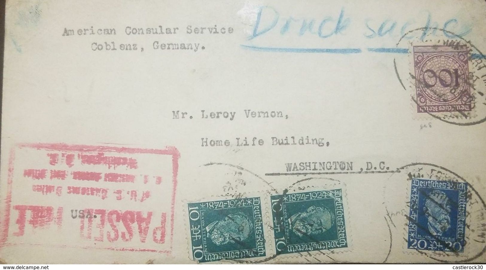 L) 1924 GERMANY, HENRICH VON STEPHAN, BLUE, 20, GREEN, GERMAN EMPIRE, PURPLE, CIRCULATED COVER FROM GERMANY TO USA, XF - Briefe U. Dokumente