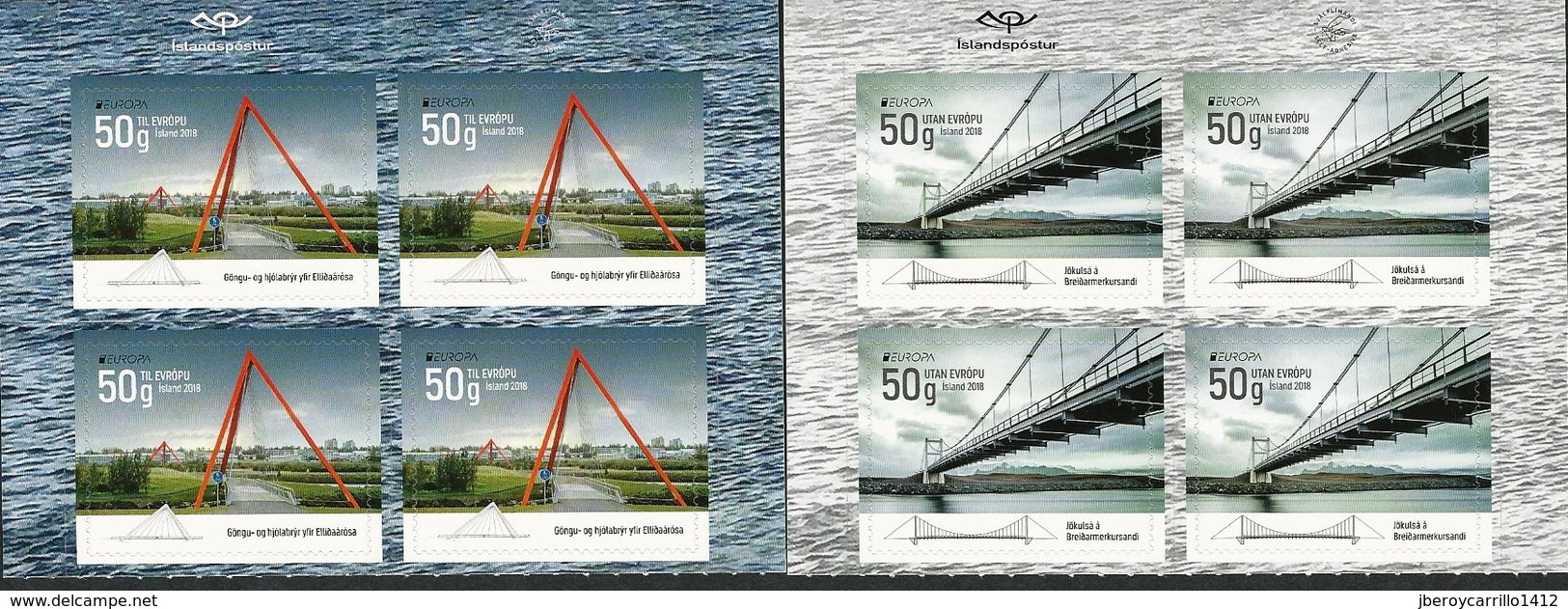 ISLANDIA/ ISLAND/ ICELAND - EUROPA 2018  "PUENTES.- BRIDGES - BRÜCKEN - PONTS" - DOS BLOCS De 4 SELLOS ADHESIVOS - 2018