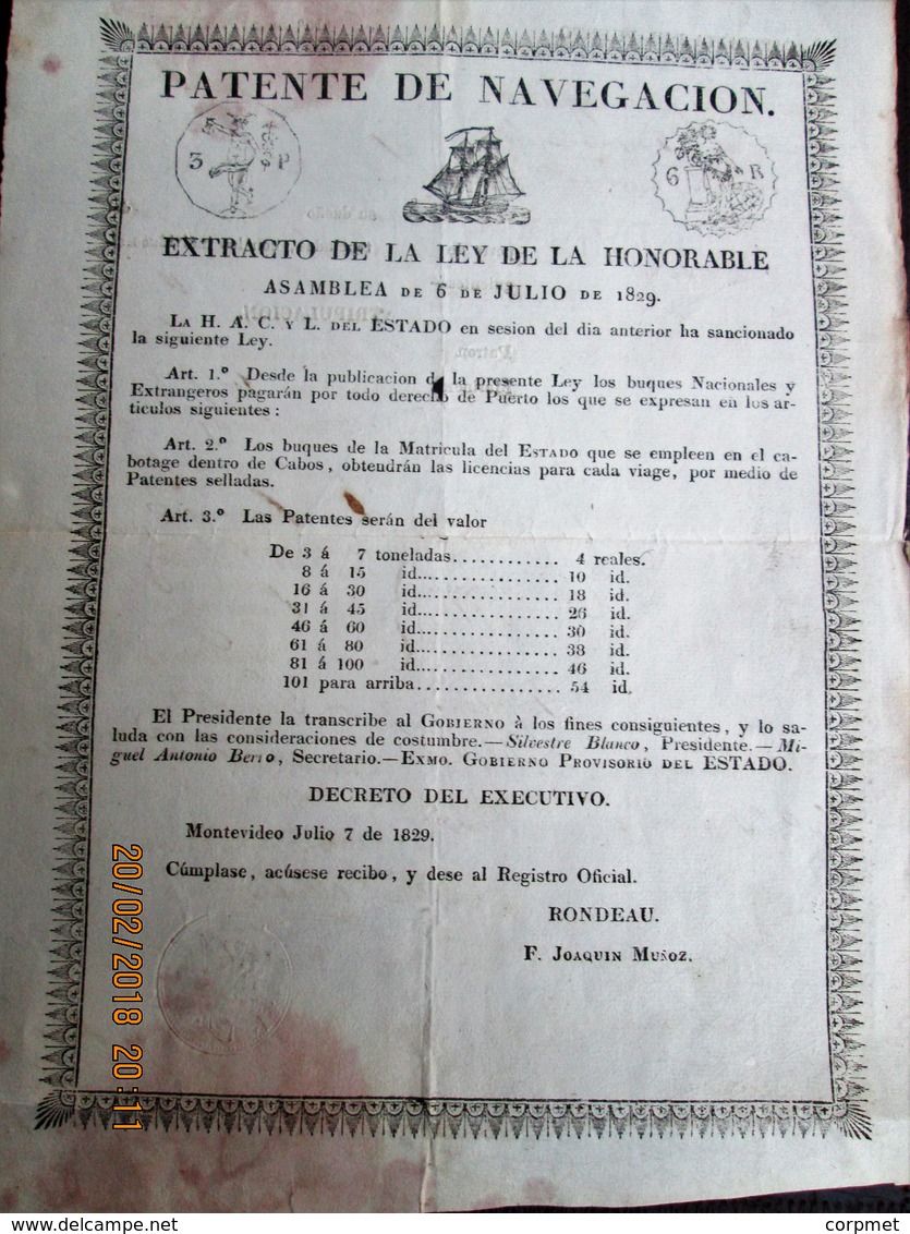 NAVIGATION PASSPORT - URUGUAY 1829 Patente De NAVEGACION Issued By RONDEAU - ORIBE Sign - Boat With 4 SLAVES On Board - Historische Documenten