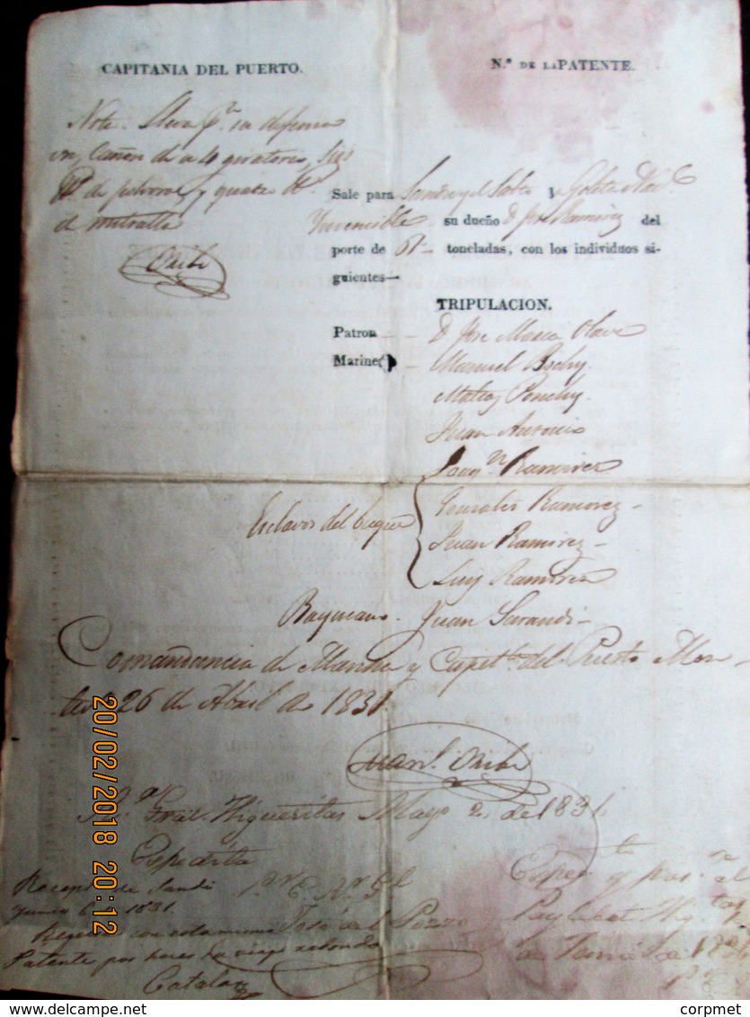 NAVIGATION PASSPORT - URUGUAY 1829 Patente De NAVEGACION Issued By RONDEAU - ORIBE Sign - Boat With 4 SLAVES On Board - Historische Documenten