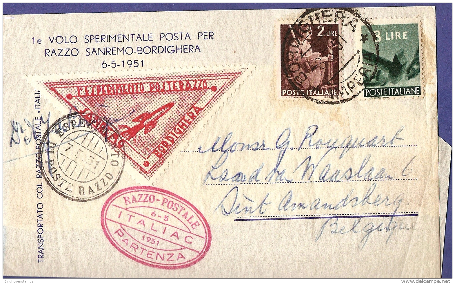 Italia, Rocket Mail Posta Razzo Sanremo-Bordighera 6-5-1951 Stamped 5 Lira, Bordighera, 8-5-51 And Amsterdam 15.V.1951 - Other (Air)