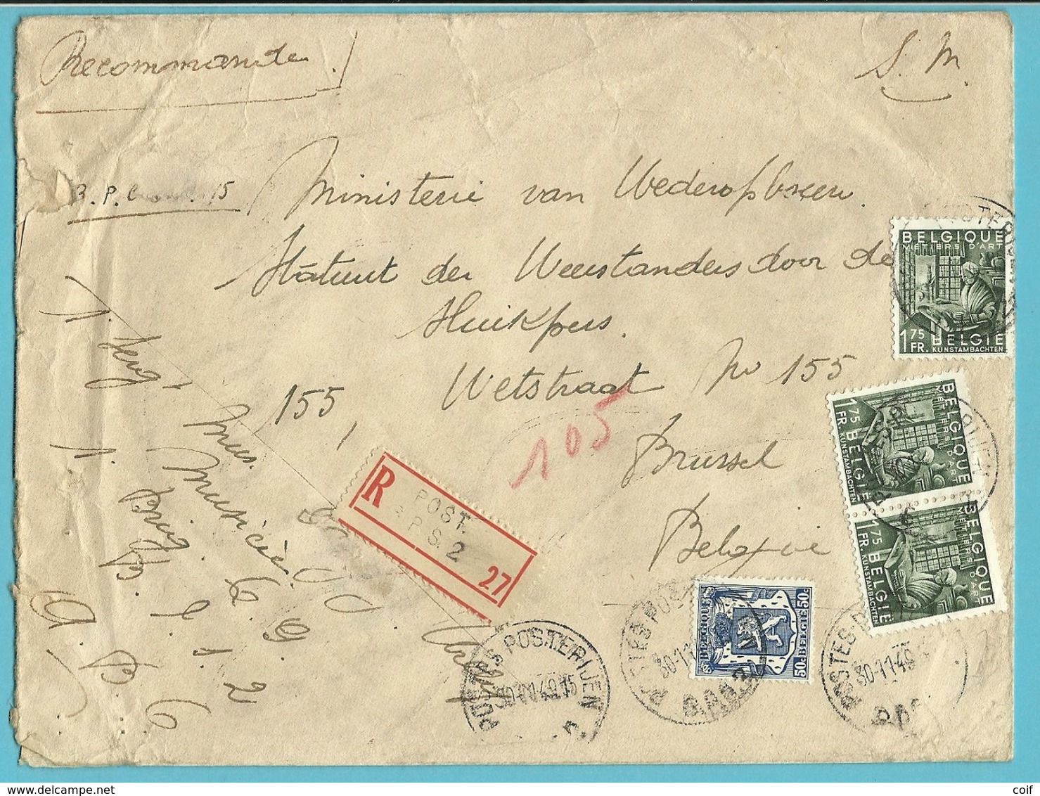 426+768 Op Brief Aangetekend Stempel POSTES-POSTERIJEN B.P.S. 2 - 1948 Export