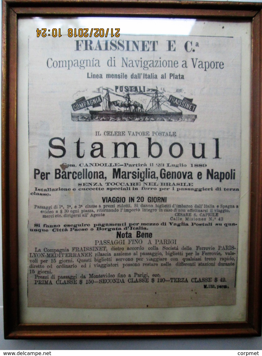 TRANSPORTATION - FRAME PICTURE Of A 1889 ITALIA ADVERTISEMENT Made In SILK - No Paper - 19 X 15 Cm STEAM POSTAL STAMBOUL - Altri & Non Classificati