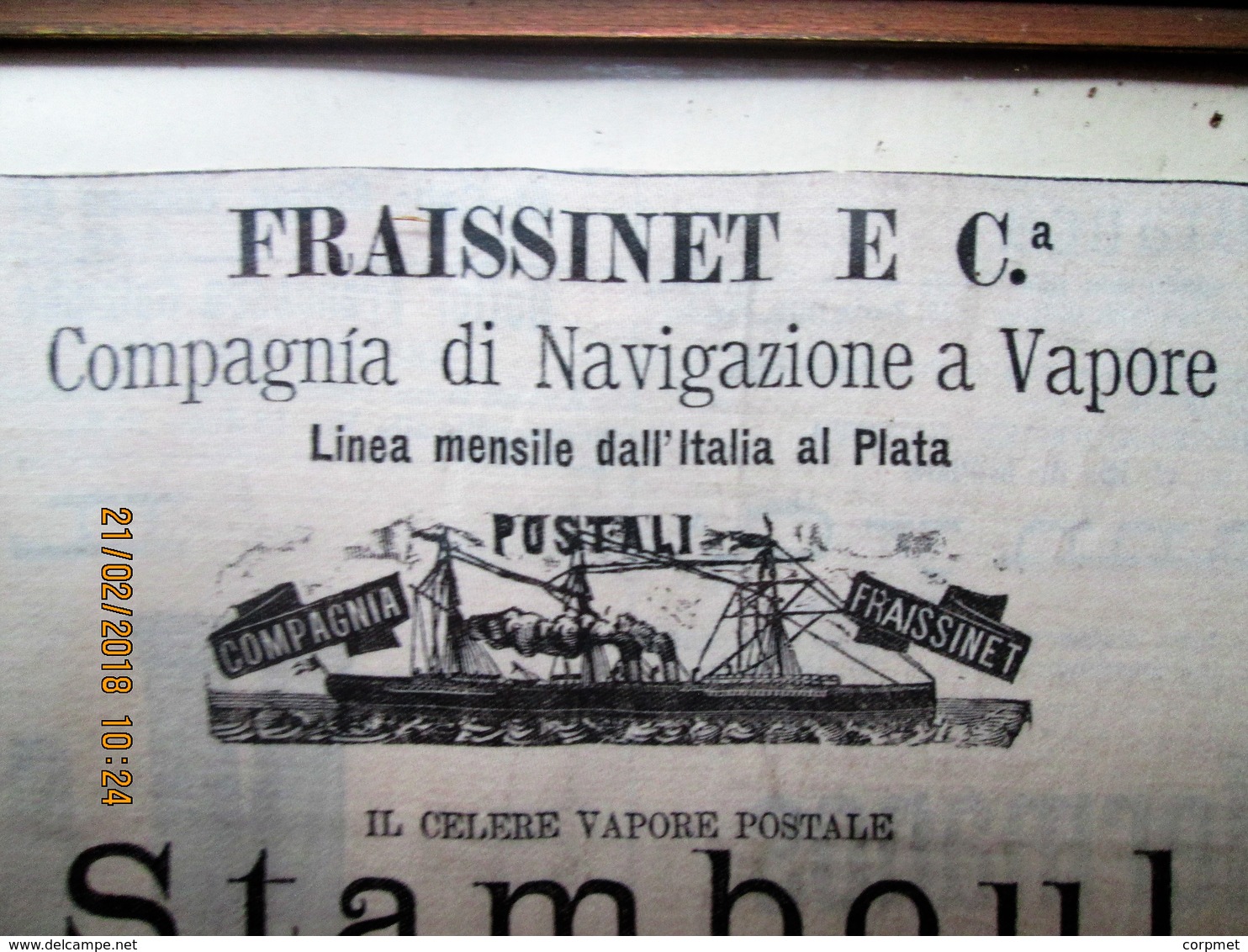 TRANSPORTATION - FRAME PICTURE Of A 1889 ITALIA ADVERTISEMENT Made In SILK - No Paper - 19 X 15 Cm STEAM POSTAL STAMBOUL - Altri & Non Classificati